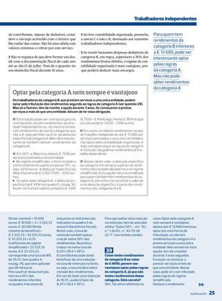 Trabalhadores independentes

do contribuinte. Apesar de dedutível, consi-          ❯ Se tiver contabilidade organizada, preencha         Para quem tem
dere o encargo acrescido com o técnico que            o anexo C e não o B, destinado aos restantes          rendimentos da
lhe cuidar das contas. Não há uma tabela com          trabalhadores independentes.
valores mínimos a cobrar por este serviço.                                                                  categoria B inferiores
                                                      ❯ Se reunir bastantes despesas dedutíveis da          a € 13 680, pode ser
❯ Não se esqueça de que deve formar um dos-           categoria B, em regra, superiores a 30% dos           interessante optar
siê com a documentação fiscal de cada ano             rendimentos brutos obtidos, o regime da con-
até ao dia 15 de julho. Tem de o guardar no           tabilidade organizada é mais vantajoso, por-          pelas regras
seu domicílio fiscal durante 10 anos.                 que poderá deduzir mais encargos.                     da categoria A.
                                                                                                            mas não pode
                                                                                                            obter rendimentos
                                                                                                            da categoria A
   Optar pela categoria A nem sempre é vantajoso
   Os trabalhadores da categoria B, que prestam serviços a uma única entidade, podem
   optar pela tributação dos rendimentos segundo as regras da categoria A (ver questão 29).
   Mas se o fizerem, têm de manter a opção durante 3 anos. Se começarem a prestar
   serviços a mais do que uma entidade, deixam de ter essa obrigação.

   ■ Esta opção pode ser vantajosa para os            (€ 7500 - € 4104), logo, menos € 1854 do que
   contribuintes só com rendimentos da ativi-         no caso anterior (5250 - 3396 euros).
   dade independente ou, ao mesmo tempo,
   com rendimentos de outras categorias que           ■ Em suma, se obteve rendimentos anuais
   não a A, pois permite usufruir da dedução          de trabalho independente até € 13 680 por
   específica da categoria A. Mas não é interes-      serviços prestados a uma única entidade e
   sante se também obtiver rendimentos da             não optar pela contabilidade organizada, é
   categoria A.                                       mais vantajoso seguir as regras da categoria
                                                      A. Contudo, não pode ter rendimentos de tra-
   ■ Em 2011, a Albertina obteve € 7500 por           balho dependente.
   serviços prestados a uma entidade.
   > No regime simplificado, o fisco considera        ■ Abaixo deste valor, a dedução específica
   como rendimento sujeito a imposto 70%, ou          da categoria A é sempre superior ao rendi-
   seja, 5250 euros. A dedução específica da          mento não considerado pelo fisco no regime
   Albertina seria de € 2250 (7500 - 5250 eu-         simplificado. Esta opção não é aconselhada
   ros).                                              para quem também tem rendimentos da ca-
   > Se optar pela categoria A, a dedução es-         tegoria A, pois o fisco só vai retirar o valor de
   pecífica é de € 4104 (ver quadro 5, na pág. 16).   uma dedução específica à soma dos rendi-
   Assim, só ficariam sujeitos a imposto € 3396       mentos das categorias A e B.




(limiar máximo) = 10 000            enquanto os restantes são            Para aproveitar esta redução       caixa Optar pela categoria A
euros; € 10 000 ÷ 3 = 3 333,33      indicados no quadro 5 do             na retenção, tem de assinalar      nem sempre é vantajoso,
euros; € 30 000 (limite             anexo H (benefícios fiscais).        a linha “Sobre 50% - art.º 10.º,   abaixo dos € 13 680 interessa
máximo do benefício) +              Neste caso, a taxa de                n.º 1, do d.l. n.º 42/91, de       optar por esta forma de
€ 3 333,33 = 33 333,33 euros.       retenção também passa                22/1”, nos recibos verdes.         tributação, se não tem
€ 33 333,33 × 0,70                  a recair sobre 50% dos                                                  rendimentos da categoria A e
(coeficiente do regime              rendimentos. Na prática,                                                presta serviços a uma única
simplificado) = 23 333,33           traduz-se numa taxa de                                                  entidade. mas ao exercer esta
euros. A € 23 333,33,               8,25% (16,5 × 50%).                  39                                 opção, tem de a manter
corresponde uma taxa de irS         o contribuinte pode ainda            Como tenho rendimentos             durante 3 anos seguidos.
de 35,5% (ver quadro 4,             beneficiar de uma redução            da categoria B no valor            Exceção: se começar a
na pág. 14), que será aplicada      na taxa de retenção na fonte,        de € 9000, parece-me               prestar serviços a mais do
aos 28 mil euros.                   ou seja, a taxa incidirá sobre       vantajoso optar pelas regras       que uma entidade. Nesse
Para usufruir dessa isenção,        metade dos rendimentos.              da categoria A, já que não         caso, pode vir a ser tributado
inscreva 50% dos                    Em vez de fazer uma retenção         tenho rendimentos dessa            pelas regras do regime
rendimentos referidos               de 16,5%, poderá fazer de            categoria. Está correto?           simplificado.
no quadro 4 do anexo B,             8,25% (16,5 × 50%).                  Sim. tal como referimos na         declare o rendimento             >>
                                                                                                                                     Guia Fiscal 2011   25
 