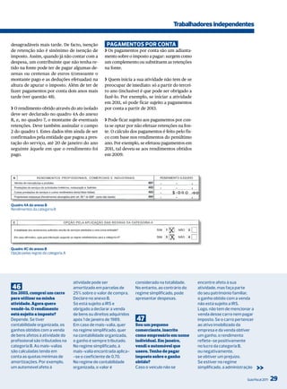 Trabalhadores independentes

desagradáveis mais tarde. De facto, isenção          PaGamenTos Por conTa
de retenção não é sinónimo de isenção de            ❯ Os pagamentos por conta são um adianta-
imposto. Assim, quando já não contar com a          mento sobre o imposto a pagar: surgem como
despesa, um contribuinte que não tenha re-          um complemento ou substituem as retenções
tido na fonte pode ter de pagar algumas de-         na fonte.
zenas ou centenas de euros (consoante o
montante pago e as deduções efetuadas) na           ❯ Quem inicia a sua atividade não tem de se
altura de apurar o imposto. Além de ter de          preocupar de imediato: só a partir do tercei-
fazer pagamentos por conta dois anos mais           ro ano (inclusive) é que pode ser obrigado a
tarde (ver questão 48).                             fazê-lo. Por exemplo, se iniciar a atividade
                                                    em 2011, só pode ficar sujeito a pagamentos
❯ O rendimento obtido através do ato isolado        por conta a partir de 2013.
deve ser declarado no quadro 4A do anexo
B, e, no quadro 7, o montante de eventuais          ❯ Pode ficar sujeito aos pagamentos por con-
retenções. Deve também assinalar o campo            ta se optar por não efetuar retenções na fon-
2 do quadro 1. Estes dados têm ainda de ser         te. O cálculo dos pagamentos é feito pelo fis-
confirmados pela entidade que pagou a pres-         co com base nos rendimentos do penúltimo
tação do serviço, até 20 de janeiro do ano          ano. Por exemplo, se efetuou pagamentos em
seguinte àquele em que o rendimento foi             2011, tal deveu-se aos rendimentos obtidos
pago.                                               em 2009.




Quadro 4A do anexo B
Rendimentos da categoria B




Quadro 4C do anexo B
Opção pelas regras da categoria a




                                    atividade pode ser               considerado na totalidade.      encontre afeto à sua
46                                  amortizado em parcelas de        No entanto, ao contrário do     atividade, mas faça parte
Em 2003, comprei um carro           25% sobre o valor de compra.     regime simplificado, pode       do seu património familiar,
para utilizar na minha              declare no anexo B.              apresentar despesas.            o ganho obtido com a venda
atividade. Agora quero              Só está sujeito a irS e                                          não está sujeito a irS.
vendê-lo. O rendimento              obrigado a declarar a venda                                      logo, não tem de mencionar a
está sujeito a imposto?             de bens ou direitos adquiridos                                   venda desse carro nem pagar
depende. Se tiver                   após 1 de janeiro de 1989.       47                              imposto. Se o carro pertencer
contabilidade organizada, os        Em caso de mais-valia, quer      Sou um pequeno                  ao ativo imobilizado da
ganhos obtidos com a venda          no regime simplificado, quer     comerciante, inscrito           empresa e da venda obtiver
de bens afetos à atividade do       na contabilidade organizada,     como empresário em nome         um ganho, o rendimento
profissional são tributados na      o ganho é sempre tributado.      individual. Em janeiro,         reflete-se positivamente
categoria B. As mais-valias         No regime simplificado, à        vendi o automóvel que           no lucro da categoria B,
são calculadas tendo em             mais-valia encontrada aplica-    usava. Tenho de pagar           ou negativamente,
conta as quotas mínimas de          -se o coeficiente de 0,70.       imposto sobre o ganho           se obtiver um prejuízo.
amortizações. Por exemplo,          No regime de contabilidade       obtido?                         Se estiver no regime
um automóvel afeto à                organizada, o valor é            Caso o veículo não se           simplificado, a administração   >>
                                                                                                                              Guia Fiscal 2011   29
 