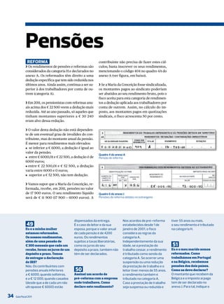 Pensões
                reForma                                       contribuinte não precisa de fazer estes cál-
              ❯ Os rendimentos de pensões e reformas são      culos; basta inscrever os seus rendimentos,
              considerados da categoria H e declarados no     mencionando o código 404 no quadro 4A do
              anexo A. Os reformados têm direito a uma        anexo A (ver figura, em baixo).
              dedução específica que tem sido reduzida nos
              últimos anos. Ainda assim, continua a ser su-   ❯ Se a Maria da Conceição fosse sindicalizada,
              perior à dos trabalhadores por conta de ou-     os montantes pagos ao sindicato poderiam
              trem (categoria A).                             ser abatidos ao seu rendimento bruto, pois o
                                                              fisco aceita para esta categoria de rendimen-
              ❯ Em 2011, os pensionistas com reformas anu-    tos a dedução aplicada aos trabalhadores por
              ais acima dos € 22 500 veem a dedução mais      conta de outrem. Assim, no cálculo do im-
              reduzida. Até ao ano passado, só aqueles que    posto, aos montantes pagos em quotizações
              tinham montantes superiores a € 30 240          sindicais, o fisco acrescenta 50 por cento.
              eram alvo dessa redução.

              ❯ O valor desta dedução não está dependen-
              te de um eventual grau de invalidez do con-
              tribuinte, mas do montante anual da pensão.
              É menor para rendimentos mais elevados:
              J se inferior a € 6000, a dedução é igual ao
              valor da pensão;
                                                              Quadro 4 do anexo A
              J entre € 6000,01 e € 22 500, a dedução é de    Pensão de reforma
              6000 euros;
              J entre € 22 500,01 e € 52 500, a dedução
              varia entre 6000 e 0 euros;
              J superior a € 52 500, não tem dedução.

              ❯ Vamos supor que a Maria da Conceição, re-
              formada, recebe, em 2011, pensões no valor
              de 17 900 euros. O seu rendimento líquido       Quadro 6 do anexo J
              será de € 11 900 (17 900 − 6000 euros). A       Pensões de reforma obtidas no estrangeiro




                                              dispensados da entrega.           Nos acordos de pré-reforma       tiver 55 anos ou mais,
               49                             É o caso do leitor e da sua       estabelecidos desde 1 de         o seu rendimento é tributado
              Eu e a minha mulher             esposa, porque o valor anual      janeiro de 2001, o fisco         na categoria H.
              estamos reformados.             de cada pensão é de 4200          considera as regras da
              Os nossos rendimentos,          euros. os rendimentos             categoria A.
              além de uma pensão de           sujeitos a taxas liberatórias,    independentemente da sua
              € 300 mensais que cada um       como os juros do seu              idade, se a prestação do         51
              recebe, foram os juros de um    depósito a prazo, também não      trabalho cessar, o rendimento    Eu e o meu marido somos
              depósito a prazo. Temos         têm de ser declarados.            é tributado como sendo da        reformados. Como
              de entregar a declaração                                          categoria A. Se ocorrer uma      trabalhámos em Portugal
              de IRS?                                                           suspensão ou uma redução         e na Bélgica, recebemos
              Não. os contribuintes com                                         da prestação de trabalho e o     pensões dos dois países.
              pensões anuais inferiores       50                                leitor tiver menos de 55 anos,   Como as devo declarar?
              a € 6000, quando solteiros,     Assinei um acordo de              o rendimento também é            o montante que recebem da
              e a € 12 000, quando casados    pré-reforma com a empresa         tributado na categoria A.        Bélgica e o imposto aí pago
              (desde que a de cada um não     onde trabalhava. Como             Caso a prestação de trabalho     tem de ser declarado no
              ultrapasse € 6000) estão        declaro este rendimento?          seja suspensa ou reduzida e      anexo J. Para tal, indique o

34   Guia Fiscal 2011
 