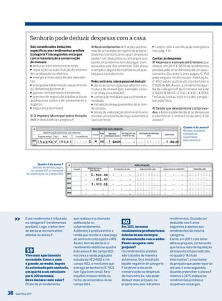 Senhorio pode deduzir despesas com a casa
                   São consideradas deduções                ■ No arrendamento de frações autóno-       > custos com a certificação energética
                   específicas aos rendimentos prediais     mas de um prédio em regime de proprie-     (ver pág. 44).
                   (categoria F) os seguintes encargos      dade horizontal (como apartamentos)
                   com a manutenção e conservação           podem ser deduzidos os encargos que,       Contas às despesas
                   de imóveis:                              por lei, o condómino tem de pagar, com-    ■ Vejamos o exemplo da Cristiana que
                   > pinturas interiores e exteriores;      provados por documentos. São disso         obteve, em 2011, € 9600 de rendimentos
                   > reparação ou substituição do sistema   exemplo o seguro de incêndio ou as quo-    prediais pelo arrendamento de um apar-
                   de canalização ou elétrico;              tas para o condomínio.                     tamento. Durante o ano, pagou € 150
                   > energia e manutenção dos elevado-                                                 pelo seguro multirriscos-habitação,
                   res;                                     Pelo contrário, não é possível deduzir:    € 450 pelas quotas do condomínio e
                   > energia para iluminação, aquecimento   > obras de construção que alterem a es-    € 600 de IMI. Assim, o rendimento líqui-
                   ou climatização central;                 trutura do imóvel (por exemplo, cons-      do da categoria F da Cristiana será de
                   > gastos com porteiros e limpezas;       truir mais uma divisão);                   € 8400 (€ 9600 - € 150 - € 450 - € 600).
                   > prémios de seguro de prédios e taxas   > compra de mobiliário para o imóvel ar-   Feitas as contas, este é o valor a englo-
                   autárquicas, como a de saneamento e      rendado;                                   bar pelo fisco.
                   esgotos;                                 > instalação de equipamentos de ar con-
                   > segurança do imóvel.                   dicionado;                                 ■ desde que devidamente comprova-
                                                            > obras de valorização do imóvel (como     das, a leitora pode declarar as despesas
                   ■ o imposto municipal sobre imóveis      instalar um sistema de rega automática     e identificar o imóvel no quadro 4 do
                   (IMI) é dedutível na categoria F.        num terreno);                              anexo F.

                                                                                                                             Quadro 4 do anexo F
                                                                                                                             Rendas recebidas
                                                                                                                             e despesas
                                                                                                                             suportadas
                                                                                                                             pelo senhorio




                        Quadro 6 do anexo F
                    Declare as rendas pagas,
                  no campo 601, e montante
               da sublocação, no campo 602




     >>       Esse rendimento é tributado
              na categoria F (rendimentos
                                                que realizou é a chamada
                                                sublocação ou                     60
                                                                                                                   rendimentos. Só pode ser
                                                                                                                   deduzido nos 5 anos
              prediais). logo, o leitor tem     subarrendamento.                  Em 2011, os meus                 seguintes e apenas aos
              de declarar os montantes          A diferença positiva entre a      rendimentos prediais foram       rendimentos da mesma
              obtidos no anexo F.               renda que recebe e a que paga     inferiores aos encargos          categoria.
                                                ao senhorio está sujeita a irS.   de manutenção com o andar.       Como, em 2011, este leitor
                                                Assim, tem de declarar o          Posso recuperar este             obteve prejuízo, certamente
                                                rendimento obtido no quadro       prejuízo?                        que na sua nota de liquidação
               59                               6 do anexo F. No campo 601,       os rendimentos prediais          de imposto estava indicado,
              Vivo num apartamento              inscreva a renda paga pelo        são tratados de maneira          no quadro “A título
              arrendado. Como a casa            estudante (€ 2400) e, no          autónoma. Se o resultado         informativo”, o montante
              é grande, arrendei, depois        campo 602, o montante que         líquido negativo da categoria    do prejuízo que pode reportar
              de autorizado pelo senhorio,      entrega ao senhorio (€ 792),      F se dever a obras de            até aos 4 anos seguintes.
              um quarto a um estudante          (ver figura em cima). Se o        conservação ou despesas          Quando preencher o anexo F
              por € 200 mensais.                inquilino tivesse retido na       de manutenção, não pode          relativo a 2011, indique os
              Devo declarar este valor?         fonte, deveria indicá-lo no       deduzir esse prejuízo, no        rendimentos prediais e
              o tipo de arrendamento            campo 604.                        próprio ano, aos restantes       respetivos encargos.

38   Guia Fiscal 2011
 
