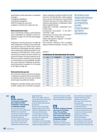 aquecimento, pode apresentar os seguintes       mento comprado, em julho de 2004, por 100         Se vendeu a casa
              encargos:                                       mil euros. No final de 2011, o João comprou       antiga e para comprar
              J mediação imobiliária;                         outra casa por 110 mil euros. Como decidiu
              J certificado energético;                       reinvestir uma parte do valor obtido com a        a nova vai pedir
              J IMT da compra da casa nova;                   venda do apartamento, a tributação é calcu-       um empréstimo
              J registos e escritura da compra da casa.       lada da seguinte forma:                           de 100%,
                                                              J Mais-valia = € 125 000 - (€ 100 000 × 1,11) =
                                                              14 000 euros;                                     o fisco considera
              Reinvestimento total                            J Proporção reinvestida = € 110 000 ÷             que não há
              ❯ Se o contribuinte realizar o reinvestimento   € 125 000 = 0,88;                                 reinvestimento
              total, respeitando as condições e prazos in-    J Proporção da mais-valia reinvestida =
              dicados nas págs. 39 e 40, não tem de pagar     € 14 000 × 0,88 = 12 0320 euros;
              imposto.                                        J Mais-valia sujeita a imposto = € 14 000 -
                                                              € 12 320 = 1680 euros.
              ❯ Vejamos o caso da Laura que, em julho de      Para calcular o imposto, o fisco considera
              2011, vendeu por € 175 000 a casa onde habi-    apenas metade do ganho, ou seja, € 840
              tava desde março de 2004 e lhe custara
              125 mil euros. Em setembro de 2011, comprou
              outro imóvel para habitação própria e per-
                                                              QuAdro 11
              manente por 200 mil euros. Como a Laura
              reinvestiu na compra de outro imóvel, no        Coeficientes de desvalorização da moeda
              prazo de 24 meses, um valor superior ao ob-
                                                                    Ano         Coeficiente         Ano          Coeficiente
              tido com a venda, considera-se concretizado
                                                                   1987            2,87             1999            1,32
              o reinvestimento na sua totalidade. Resulta-
              do: a mais-valia não é tributada. No entanto,        1988            2,59             2000            1,29
              tem de preencher os quadros 4 e 5 do anexo           1989            2,33             2001            1,21
              G (ver figura na pág. 41).                           1990            2,08             2002            1,17
                                                                    1991           1,85             2003            1,13
                                                                   1992            1,69             2004            1,11
              Reinvestimento parcial
              ❯ Se reinvestir apenas uma parte do ganho,           1993             1,57            2005            1,08
              a tributação é proporcional ao reinvestimen-         1994            1,50             2006            1,05
              to realizado (sem ter em conta uma eventual          1995            1,45             2007            1,03
              amortização ou pedido de crédito).                   1996             1,41            2008            1,00
                                                                   1997            1,39             2009            1,01
              ❯ Vejamos o exemplo do João, que, em maio
                                                                   1998            1,34             2010              1
              de 2011, vendeu, por € 125 000, um aparta-




     >>        65
                                              pagam imposto.
                                              Só as mais-valias relativas
                                                                              valores de compra e venda,
                                                                              tal como as datas e encargos,
                                                                                                                serviu de base ao cálculo do
                                                                                                                imposto de selo (o antigo
              Em 2011, vendi um               aos terrenos para construção    além de identificar o terreno.    imposto sucessório).
              terreno para construção,        adquiridos antes de 9 de                                          Este valor será o mais alto
              que comprei em 1987,            junho de 1965 estão isentas                                       dos seguintes:
              no Alentejo. Devo declarar      de imposto.                                                       J valor da avaliação da casa
              o rendimento obtido?            No seu caso, tem de pagar        66                               na relação de bens;
              Sim, tem de o declarar.         imposto sobre a mais-valia.     Em 2004, recebi por herança       J valor patrimonial tributário
              Ao contrário dos rendimentos    o ganho englobado aos seus      uma casa em Portimão.             na matriz à data da herança;
              obtidos com a venda de          restantes rendimentos           Como vivo em Viseu,               J valor do inventário judicial,
              terrenos ou prédios urbanos     corresponderá a metade          vendi-a por 100 mil euros.        se superior àqueles.
              comprados antes de 1989         da mais-valia (ver fórmula      Uma vez que não conheço           Vamos supor que, para
              (isentos de imposto),           no quadro 10, na pág. 40).      o preço de compra, como           efeitos de imposto
              as mais-valias provenientes     Para declarar este              é tributada a venda?              sucessório, a casa herdada
              da venda de terrenos para       rendimento, tem de entregar     Nos bens ou direitos              fora avaliada em 25 mil euros.
              construção, mesmo que           o anexo G com os quadros 4A     adquiridos a título gratuito,     Como já decorreram mais de
              adquiridos antes desta data,    e 4B preenchidos: indicar os    o valor de aquisição é o que      24 meses entre a data em que

42   Guia Fiscal 2011
 