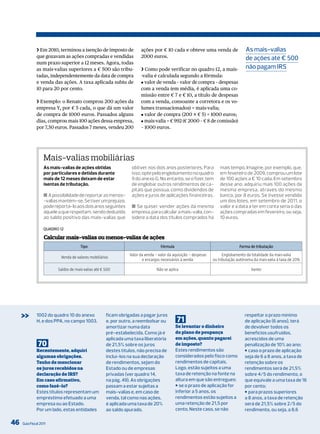 ❯ Em 2010, terminou a isenção de imposto de              ações por € 10 cada e obteve uma venda de                    As mais-valias
              que gozavam as ações compradas e vendidas                2000 euros.                                                  de ações até € 500
              num prazo superior a 12 meses. Agora, todas
              as mais-valias superiores a € 500 são tribu-             ❯ Como pode verificar no quadro 12, a mais-                  não pagam irS
              tadas, independentemente da data de compra               -valia é calculada segundo a fórmula:
              e venda das ações. A taxa aplicada subiu de              J valor de venda – valor de compra – despesas
              10 para 20 por cento.                                    com a venda (em média, é aplicada uma co-
                                                                       missão entre € 7 e € 10, a título de despesas
              ❯ Exemplo: o Renato comprou 200 ações da                 com a venda, consoante a corretora e os vo-
              empresa Y, por € 5 cada, o que dá um valor               lumes transacionados) = mais-valia;
              de compra de 1000 euros. Passados alguns                 J valor de compra (200 × € 5) = 1000 euros;
              dias, comprou mais 100 ações dessa empresa,              J mais-valia = € 992 (€ 2000 – € 8 de comissão)
              por 7,50 euros. Passados 7 meses, vendeu 200             – 1000 euros.




                   Mais-valias mobiliárias
                   As mais-valias de ações obtidas                obtiver nos dois anos posteriores. Para             mais tempo. Imagine, por exemplo, que,
                   por particulares e detidas durante             isso, opte pelo englobamento no quadro              em fevereiro de 2009, comprou um lote
                   mais de 12 meses deixam de estar               9 do anexo G. No entanto, se o fizer, tem           de 100 ações a € 10 cada. Em setembro
                   isentas de tributação.                         de englobar outros rendimentos de ca-               desse ano, adquiriu mais 100 ações da
                                                                  pitais que possua, como dividendos de               mesma empresa, através do mesmo
                   ■ A possibilidade de reportar as menos-        ações e juros de aplicações financeiras.            banco, por 8 euros. Se tivesse vendido
                   -valias mantém-se. Se tiver um prejuízo,                                                           um dos lotes, em setembro de 2011, o
                   pode reportá-lo aos dois anos seguintes        ■ Se quiser vender ações da mesma                   valor e a data a ter em conta seria o das
                   àquele a que respeitam, sendo deduzido         empresa, para calcular a mais-valia, con-           ações compradas em fevereiro, ou seja,
                   ao saldo positivo das mais-valias que          sidere a data dos títulos comprados há              10 euros.

                   QuAdro 12

                   Calcular mais-valias ou menos-valias de ações
                                       Tipo                                        Fórmula                                       Forma de tributação
                                                                 Valor da venda - valor da aquisição - despesas         Englobamento da totalidade da mais-valia
                           Venda de valores mobiliários
                                                                        e encargos necessários à venda            ou tributação autónoma da mais-valia à taxa de 20%

                          Saldos de mais-valias até € 500                        Não se aplica                                          Isento




     >>       1002 do quadro 10 do anexo
              H, e dos PPA, no campo 1003.
                                                      ficam obrigadas a pagar juros
                                                      e, por outro, a reembolsar ou          71
                                                                                                                                    respeitar o prazo mínimo
                                                                                                                                    de aplicação (6 anos), terá
                                                      amortizar numa data                    Se levantar o dinheiro                 de devolver todos os
                                                      pré-estabelecida. Como já é            do plano de poupança                   benefícios usufruídos,
                                                      aplicada uma taxa liberatória          em ações, quanto pagarei               acrescidos de uma
               70                                     de 21,5% sobre os juros                de imposto?                            penalização de 10% ao ano;
              Recentemente, adquiri                   destes títulos, não precisa de         Estes rendimentos são                  J caso o prazo de aplicação
              algumas obrigações.                     incluí-los na sua declaração           considerados pelo fisco como           seja de 6 a 8 anos, a taxa de
              Tenho de mencionar                      de rendimentos, sejam do               rendimentos de capitais.               retenção sobre os
              os juros recebidos na                   Estado ou de empresas                  logo, estão sujeitos a uma             rendimentos será de 21,5%
              declaração de IRS?                      privadas (ver quadro 14,               taxa de retenção na fonte na           sobre 4/5 do rendimento, o
              Em caso afirmativo,                     na pág. 49). As obrigações             altura em que são entregues:           que equivale a uma taxa de 16
              como fazê-lo?                           passam a estar sujeitas a              J se o prazo de aplicação for          por cento;
              Estes títulos representam um            mais-valias e, em caso de              inferior a 5 anos, os                  J para prazos superiores
              empréstimo efetuado a uma               venda, tal como nas ações,             rendimentos estão sujeitos a           a 8 anos, a taxa de retenção
              empresa ou ao Estado.                   é aplicada uma taxa de 20%             uma retenção de 21,5 por               será de 21,5% sobre 2/5 do
              Por um lado, estas entidades            ao saldo apurado.                      cento. Neste caso, se não              rendimento, ou seja, a 8,6

46   Guia Fiscal 2011
 