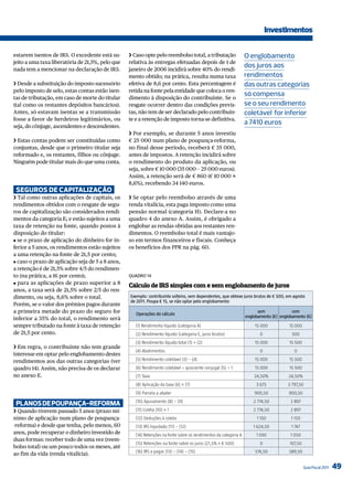 Investimentos

estarem isentos de IRS. O excedente está su-      ❯ Caso opte pelo reembolso total, a tributação                  o englobamento
jeito a uma taxa liberatória de 21,5%, pelo que   relativa às entregas efetuadas depois de 1 de
                                                                                                                  dos juros aos
nada tem a mencionar na declaração de IRS.        janeiro de 2006 incidirá sobre 40% do rendi-
                                                  mento obtido; na prática, resulta numa taxa                     rendimentos
❯ Desde a substituição do imposto sucessório      efetiva de 8,6 por cento. Esta percentagem é                    das outras categorias
pelo imposto de selo, estas contas estão isen-    retida na fonte pela entidade que coloca o ren-
                                                                                                                  só compensa
tas de tributação, em caso de morte do titular    dimento à disposição do contribuinte. Se o
(tal como os restantes depósitos bancários).      resgate ocorrer dentro das condições previs-                    se o seu rendimento
Antes, só estavam isentas se a transmissão        tas, não tem de ser declarado pelo contribuin-                  coletável for inferior
fosse a favor de herdeiros legitimários, ou       te e a retenção de imposto torna-se definitiva.
                                                                                                                  a 7410 euros
seja, do cônjuge, ascendentes e descendentes.
                                                  ❯ Por exemplo, se durante 5 anos investiu
❯ Estas contas podem ser constituídas como        € 25 000 num plano de poupança-reforma,
conjuntas, desde que o primeiro titular seja      no final desse período, receberá € 35 000,
reformado e, os restantes, filhos ou cônjuge.     antes de impostos. A retenção incidirá sobre
Ninguém pode titular mais do que uma conta.       o rendimento do produto da aplicação, ou
                                                  seja, sobre € 10 000 (35 000 - 25 000 euros).
                                                  Assim, a retenção será de € 860 (€ 10 000 ×
                                                  8,6%), recebendo 34 140 euros.
 seGuros de caPiTalização
❯ Tal como outras aplicações de capitais, os      ❯ Se optar pelo reembolso através de uma
rendimentos obtidos com o resgate de segu-        renda vitalícia, esta paga imposto como uma
ros de capitalização são considerados rendi-      pensão normal (categoria H). Declare-a no
mentos da categoria E; e estão sujeitos a uma     quadro 4 do anexo A. Assim, é obrigado a
taxa de retenção na fonte, quando postos à        englobar as rendas obtidas aos restantes ren-
disposição do titular:                            dimentos. O reembolso total é mais vantajo-
J se o prazo de aplicação do dinheiro for in-     so em termos financeiros e fiscais. Conheça
ferior a 5 anos, os rendimentos estão sujeitos    os benefícios dos PPR na pág. 60.
a uma retenção na fonte de 21,5 por cento;
J caso o prazo de aplicação seja de 5 a 8 anos,
a retenção é de 21,5% sobre 4/5 do rendimen-
to (na prática, a 16 por cento);                  QuAdro 14
J para as aplicações de prazo superior a 8        Cálculo de IRS simples com e sem englobamento de juros
anos, a taxa será de 21,5% sobre 2/5 do ren-
dimento, ou seja, 8,6% sobre o total.             Exemplo: contribuinte solteiro, sem dependentes, que obteve juros brutos de € 500, em agosto
                                                  de 2011. Poupa € 15, se não optar pelo englobamento
Porém, se o valor dos prémios pagos durante
a primeira metade do prazo do seguro for             Operações do cálculo
                                                                                                                        sem              com
inferior a 35% do total, o rendimento será                                                                        englobamento (€) englobamento (€)
sempre tributado na fonte à taxa de retenção        (1) Rendimento líquido (categoria A)                              15 000           15 000
de 21,5 por cento.                                  (2) Rendimento líquido (categoria E, juros brutos)                   0               500
                                                    (3) Rendimento líquido total (1) + (2)                            15 000           15 500
❯ Em regra, o contribuinte não tem grande
                                                    (4) Abatimentos                                                      0                0
interesse em optar pelo englobamento destes
rendimentos aos das outras categorias (ver          (5) Rendimento coletável (3) - (4)                                15 000           15 500
quadro 14). Assim, não precisa de os declarar       (6) Rendimento coletável ÷ quociente conjugal (5) ÷ 1             15 000           15 500
no anexo E.                                         (7) Taxa                                                          24,50%           24,50%
                                                    (8) Aplicação da taxa (6) × (7)                                    3 675           3 797,50
                                                    (9) Parcela a abater                                              900,50           900,50
                                                    (10) Apuramento (8) - (9)                                         2 774,50          2 897
 Planos de PouPança-reForma
❯ Quando tiverem passado 5 anos (prazo mí-          (11) Coleta (10) × 1                                              2 774,50          2 897
nimo de aplicação num plano de poupança-            (12) Deduções à coleta                                             1 150            1 150
-reforma) e desde que tenha, pelo menos, 60         (13) IRS liquidado (11) - (12)                                    1 624,50          1 747
anos, pode recuperar o dinheiro investido de        (14) Retenções na fonte sobre os rendimentos da categoria A        1 050            1 050
duas formas: receber todo de uma vez (reem-
                                                    (15) Retenções na fonte sobre os juros (21,5% × € 500)               0              107,50
bolso total) ou um pouco todos os meses, até
                                                    (16) IRS a pagar (13) - (14) - (15)                               574,50           589,50
ao fim da vida (renda vitalícia).

                                                                                                                                                 Guia Fiscal 2011   49
 