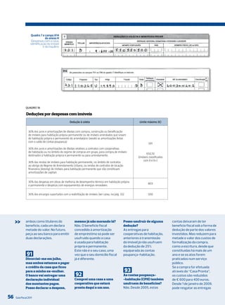 Quadro 7 e campo 814
                                do anexo H
                    Despesas com a casa,
                   identificação do imóvel
                              e do inquilino




              QuAdro 18

               Deduções por despesas com imóveis
                                                   Dedução à coleta                                        Limite máximo (€)


                 30% dos juros e amortizações de dívidas com compra, construção ou beneficiação
                 de imóveis para habitação própria permanente ou de imóveis arrendados que sirvam
                 de habitação própria e permanente do arrendatário (exceto as amortizações feitas
                 com o saldo de contas-poupança)
                                                                                                                   591
                 30% dos juros e amortizações de dívidas relativos a contratos com cooperativas
                 de habitação ou no âmbito do regime de compras em grupo, para compra de imóveis
                                                                                                                650,10
                 destinados à habitação própria e permanente ou para arrendamento
                                                                                                          (imóveis classificados
                                                                                                              com A e A+)
                 30% das rendas de imóveis para habitação permanente, no âmbito de contratos
                 ao abrigo do Regime de Arrendamento Urbano, ou rendas de contratos de locação
                 financeira (leasing) de imóveis para habitação permanente que não constituam
                 amortizações de capitais


                 30% das despesas em obras de melhoria de desempenho térmico em habitação própria
                                                                                                                  803
                 e permanente e despesas com equipamentos de energias renováveis

                 30% dos encargos suportados com a reabilitação de imóveis (ver caixa, na pág. 55)                500




     >>       ambos como titulares do
              benefício, cada um declara
                                                        mesmo já não morando lá?
                                                        Não. o benefício fiscal
                                                                                                 Posso usufruir de alguma
                                                                                                 dedução?
                                                                                                                                   contas deixaram de ter
                                                                                                                                   benefício fiscal sob a forma de
              metade do valor. No futuro,               concedido à amortização                  As entregas para                  dedução de parte dos valores
              peça ao seu banco para emitir             de empréstimo só pode ser                cooperativas de habitação,        investidos. mas reduzem para
              duas declarações.                         usufruído quando a casa                  anteriores à transmissão          metade o valor dos custos de
                                                        é usada para habitação                   do imóvel já não usufruem         formalização da compra,
                                                        própria e permanente.                    da dedução de 25%                 como a escritura, desde que
                                                        Este não é o seu caso, uma               equiparada às contas              constituídas há mais de um
               91                                       vez que o seu domicílio fiscal           poupança-habitação.               ano e se os atos forem
              Divorciei-me em julho,                    já é diferente.                                                            praticados num serviço
              mas ambos estamos a pagar                                                                                            público.
              o crédito da casa que ficou                                                                                          Se a compra for efetuada
              para a minha ex-mulher.                                                                93                            através do “Casa Pronta”,
              O banco vai entregar uma                  92                                       As contas poupança-               os custos são reduzidos
              declaração individual                     Comprei uma casa a uma                   -habitação (CPH) também           de € 600 para 400 euros.
              dos montantes pagos.                      cooperativa que estará                   usufruem de benefícios?           desde 1 de janeiro de 2009,
              Posso declarar a despesa,                 pronta daqui a um ano.                   Não. desde 2005, estas            pode resgatar as entregas

56   Guia Fiscal 2011
 