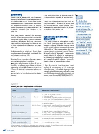 seGuros
              ❯ Com exceção dos cidadãos com deficiência
                                                                               J não tenha sido objeto de dedução específi-
                                                                               ca em nenhuma categoria de rendimentos.
                                                                                                                                        ✁
                                                                                                                                        NovIDaDe
                                                                                                                                         2011
              e dos trabalhadores de profissões de desgas-
              te rápido — pescadores, desportistas profis-                     ❯ Mencione o montante gasto com estes se-                As deduções
              sionais e mineiros —, os restantes contribuin-                   guros no quadro 7 do anexo H. Se tem uma                 de despesas com
              tes já não podem deduzir no IRS os prémios                       profissão de desgaste rápido, indique a des-
              pagos anualmente pelos seguros de vida e de                      pesa total com seguros no quadro 4B do ane-
                                                                                                                                        saúde, educação,
              acidentes pessoais (ver esquema 11, na                           xo A e inscreva o código 413.                            encargos com lares
              pág. 59).                                                                                                                 e habitação
              ❯ Os contribuintes com deficiência podem
                                                                                                                                        dos contribuintes
              deduzir 25% dos prémios do seguro de vida                         Planos de PouPança-                                     com rendimentos
              subscritos em seu nome e/ou no dos seus de-                       -reForma                                                coletáveis acima
              pendentes deficientes, desde que estes sejam                     ❯ Em 2006, o Governo reintroduziu benefí-
              os primeiros beneficiários. Esta dedução tem                     cios fiscais para as entregas dos planos de
                                                                                                                                        de € 66 045 estão
              o limite máximo de 15% da coleta (ver ques-                      poupança-reforma (PPR). Em 2008, criou os                limitados a € 1000,
              tões 97).                                                        certificados de reforma, também designados               se estiverem no 7.º
                                                                               “PPR públicos”. Mas estes produtos têm pou-
              ❯ Já os pescadores, mineiros e desportistas                      cas características comuns, exceto o chama-
                                                                                                                                        escalão, ou € 1100,
              profissionais podem deduzir a totalidade dos                     do benefício fiscal “à entrada”. Por exemplo,            caso estejam 8.º
              prémios do seguro de vida.                                       nos certificados de reforma, só pode descon-
                                                                               tar 2% ou 4% do seu salário. O capital só pode
              ❯ Em ambos os casos, é preciso que o seguro                      ser resgatado depois da reforma e nas condi-
              preencha os seguintes requisitos:                                ções previstas no quadro 19, em baixo.
              J garanta exclusivamente os riscos de morte,
              invalidez ou reforma por velhice e, no último                    ❯ Quer do ponto de vista fiscal, quer como
              caso, só se o benefício for garantido após os                    produto de investimento, os PPR perderam
              55 anos de idade e 5 anos de duração do se-                      todo o interesse - o benefício fiscal está cada
              guro;                                                            vez mais reduzido e encontra aplicações com
              J seja relativo ao contribuinte ou seus depen-                   rentabilidades mais elevadas. Consulte os
              dentes;                                                          nossos conselhos, na PROTESTE INVESTE.




              QuAdro 19

              Condições para movimentar o dinheiro
                                                           Prazo
                Produto                                                   Após terminar o prazo mínimo (1)
                                                          mínimo

                                                                           ›   a partir dos 60 anos do subscritor
                Plano de poupança-reforma                  5 anos          ›   reforma por velhice
                                                                           ›   desemprego de longa duração (mais de 12 meses) (2)
                                                                           ›   doença grave e/ou incapacidade para o trabalho (2)


                                                                           › reforma por velhice
                Certificados de reforma               idade da reforma     › desemprego de longa duração (mais de 12 meses) (2)
                                                                           › doença grave e/ou incapacidade para o trabalho (2)


                                                                           › despesas do ensino universitário ou profissional
                Plano de poupança-educação                 5 anos          › doença grave e ou incapacidade para o trabalho (2)
                                                                           › desemprego de longa duração (mais de 12 meses) (2)


                Plano de poupança-reforma/educação         5 anos          › condições dos PPR ou condições dos PPE

                Plano de poupança em ações                 6 anos          › 6 meses a contar das entregas

              (1) Se desrespeitar as condições, tem de declarar como rendimento o montante dos benefícios, acrescidos de 10% por cada
              ano em que usufruiu. (2) Neste casos, o prazo mínimo não tem de ser cumprido.


60   Guia Fiscal 2011
 