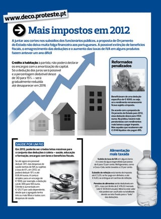.pt
www
s  .deco.proteste

                   Mais impostos em 2012
    A juntar aos cortes nos subsídios dos funcionários públicos, a proposta de Orçamento
    do Estado não deixa muita folga financeira aos portugueses. A possível extinção de benefícios
    fiscais, o emagrecimento das deduções e o aumento das taxas de IVA em alguns produtos
    fazem antever um ano difícil

    Crédito à habitação à partida, não poderá declarar                            reformados
    os encargos com a amortização do capital.                                     penalizados
    Só a dedução dos juros será possível
    e a percentagem dedutível desce
    de 30 para 15% - será
    gradualmente reduzida
    até desaparecer em 2016


                                                                                 Beneficiavam de uma dedução
                                                                                 específica de € 6000, ou seja,
                                                                                 só o rendimento remanescente
                                                                                 ficava sujeito a imposto.

                                                                                 De acordo com a proposta do
                                                                                 Orçamento do Estado para 2012,
                                                                                 essa dedução desce para 4104
                                                                                 euros. Na prática, haverá mais
                                                                                 pensionistas com rendimentos
                                                                                 mais baixos a pagar imposto.
                                                                                 Mas aqueles que receberem até
                                                                                 € 8148 líquidos não pagam IRS.




       SAúDE POR UM FIO
      em 2012, poderão ser criados tetos máximos para
      o conjunto das deduções à coleta – saúde, educação
                                                                                alimentação
      e formação, encargos com lares e benefícios fiscais.                      mais taxada
                                                                   Subida da taxa de IVA em alguns bens:
      Se até agora era possível                                  é o caso da água engarrafada que passa
      deduzir 30% das despesas de                              de 6 para 13 por cento. refrigerantes, como
      saúde isentas de iVA ou sujeitas                        a Coca-Cola, serão taxados a 23 por cento.
      à taxa de 6%, em 2012, só
      poderá deduzir 10% e até                               Subsídio de refeição está isento de imposto
      838,44 euros. A conta é                                até € 5,55, se for pago em dinheiro, e até
      simples: para um encargo de                            € 6,83, se entregue em senhas de refeição.
      € 1000, por exemplo, a dedução
      cai de 300 para 100 euros.                               Pensões de alimentos serão dedutíveis em
      o limite é aumentado em                                   20%, mas com limite de € 419,22 mensais
      € 125,77 por cada dependente,                              (até € 5030,64 anuais). mesmo este valor
      desde que o agregado tenha                                    não poderá ser usufruído na totalidade
      três ou mais filhos e todos com                                 devido ao teto fixado para o “bolo”
      despesas de saúde.                                                  das deduções.
 