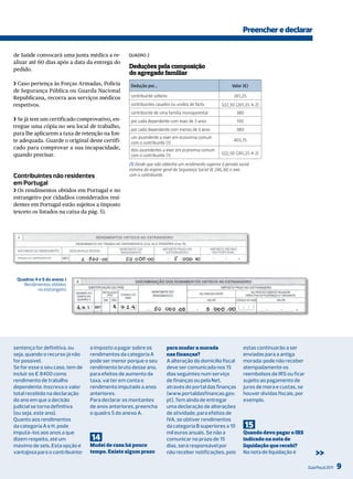 Preencher e declarar

de Saúde convocará uma junta médica a re-        QuAdro 2
alizar até 60 dias após a data da entrega do
pedido.
                                                 Deduções pela composição
                                                 do agregado familiar
❯ Caso pertença às Forças Armadas, Polícia        Dedução por...                                       Valor (€)
de Segurança Pública ou Guarda Nacional
Republicana, recorra aos serviços médicos         contribuinte solteiro                                 261,25
respetivos.                                       contribuintes casados ou unidos de facto        522,50 (261,25 × 2)
                                                  contribuinte de uma família monoparental                380
❯ Se já tem um certificado comprovativo, en-      por cada dependente com mais de 3 anos                  190
tregue uma cópia no seu local de trabalho,
                                                  por cada dependente com menos de 3 anos                 380
para lhe aplicarem a taxa de retenção na fon-
                                                  um ascendente a viver em economia comum
te adequada. Guarde o original deste certifi-     com o contribuinte (1)
                                                                                                        403,75
cado para comprovar a sua incapacidade,           dois ascendentes a viver em economia comum
quando precisar.                                  com o contribuinte (1)                          522,50 (261,25 × 2)

                                                 (1) Desde que não obtenha um rendimento superior à pensão social
                                                 mínima do regime geral da Segurança Social (€ 246,36) e viva
Contribuintes não residentes                     com o contribuinte.
em Portugal
❯ Os rendimentos obtidos em Portugal e no
estrangeiro por cidadãos considerados resi-
dentes em Portugal estão sujeitos a imposto
(exceto os listados na caixa da pág. 5).




 Quadros 4 e 6 do anexo J
    Rendimentos obtidos
          no estrangeiro




sentença for definitiva, ou      o imposto a pagar sobre os           para mudar a morada                    estas continuarão a ser
seja, quando o recurso já não    rendimentos da categoria A           nas finanças?                          enviadas para a antiga
for possível.                    pode ser menor porque o seu          A alteração do domicílio fiscal        morada: pode não receber
Se for esse o seu caso, tem de   rendimento bruto desse ano,          deve ser comunicada nos 15             atempadamente os
incluir os € 8400 como           para efeitos de aumento da           dias seguintes num serviço             reembolsos de irS ou ficar
rendimento de trabalho           taxa, vai ter em conta o             de finanças ou pela Net,               sujeito ao pagamento de
dependente. inscreva o valor     rendimento imputado a anos           através do portal das finanças         juros de mora e custas, se
total recebido na declaração     anteriores.                          (www.portaldasfinancas.gov.            houver dívidas fiscais, por
do ano em que a decisão          Para declarar os montantes           pt). tem ainda de entregar             exemplo.
judicial se torna definitiva     de anos anteriores, preencha         uma declaração de alterações
(ou seja, este ano).             o quadro 5 do anexo A.               de atividade, para efeitos de
Quanto aos rendimentos                                                iVA, se obtiver rendimentos
da categoria A e H, pode                                              da categoria B superiores a 10            15
imputá-los aos anos a que                                             mil euros anuais. Se não a             Quando devo pagar o IRS
dizem respeito, até um           14                                   comunicar no prazo de 15               indicado na nota de
máximo de seis. Esta opção é     Mudei de casa há pouco               dias, será responsável por             liquidação que recebi?
vantajosa para o contribuinte:   tempo. Existe algum prazo            não receber notificações, pois         Na nota de liquidação é           >>
                                                                                                                                           Guia Fiscal 2011   9
 
