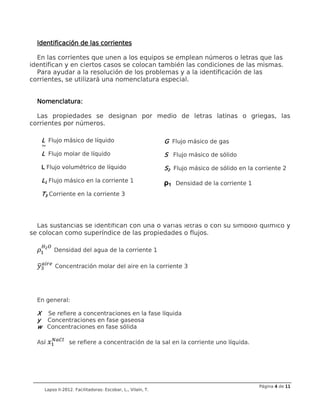 Página 4
4
4
4 de 11
11
11
11
Lapso II-2012. Facilitadoras: Escobar, L., Vilaín, T.
Identificación de las corrientes
Identificación de las corrientes
Identificación de las corrientes
Identificación de las corrientes
En las corrientes que unen a los equipos se emplean números o letras que las
identifican y en ciertos casos se colocan también las condiciones de las mismas.
Para ayudar a la resolución de los problemas y a la identificación de las
corrientes, se utilizará una nomenclatura especial.
Nome
Nome
Nome
Nomenclatura:
nclatura:
nclatura:
nclatura:
Las propiedades se designan por medio de letras latinas o griegas, las
corrientes por números.
Las sustancias se identifican con una o varias letras o con su símbolo químico y
se colocan como superíndice de las propiedades o flujos.


Densidad del agua de la corriente 1


	
 
