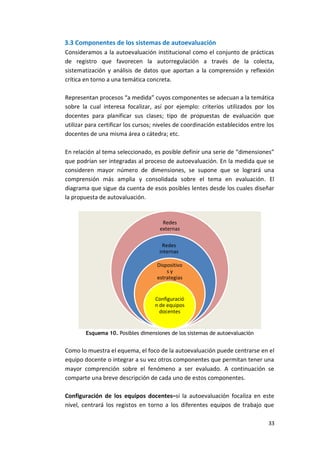 33
3.3 Componentes de los sistemas de autoevaluación
Consideramos a la autoevaluación institucional como el conjunto de prácticas
de registro que favorecen la autorregulación a través de la colecta,
sistematización y análisis de datos que aportan a la comprensión y reflexión
crítica en torno a una temática concreta.
Representan procesos “a medida” cuyos componentes se adecuan a la temática
sobre la cual interesa focalizar, así por ejemplo: criterios utilizados por los
docentes para planificar sus clases; tipo de propuestas de evaluación que
utilizar para certificar los cursos; niveles de coordinación establecidos entre los
docentes de una misma área o cátedra; etc.
En relación al tema seleccionado, es posible definir una serie de “dimensiones”
que podrían ser integradas al proceso de autoevaluación. En la medida que se
consideren mayor número de dimensiones, se supone que se logrará una
comprensión más amplia y consolidada sobre el tema en evaluación. El
diagrama que sigue da cuenta de esos posibles lentes desde los cuales diseñar
la propuesta de autovaluación.
Esquema 10. Posibles dimensiones de los sistemas de autoevaluación
Como lo muestra el equema, el foco de la autoevaluación puede centrarse en el
equipo docente o integrar a su vez otros componentes que permitan tener una
mayor comprención sobre el fenómeno a ser evaluado. A continuación se
comparte una breve descripción de cada uno de estos componentes.
Configuración de los equipos docentes–si la autoevaluación focaliza en este
nivel, centrará los registos en torno a los diferentes equipos de trabajo que
Redes
externas
Redes
internas
Dispositivo
s y
estrategias
Configuració
n de equipos
docentes
 