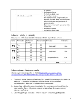 4
tu nombre.
 Enviar a plataforma.
 Fecha límite: 21 de mayo
Ac7. Actividad presencial.  Actividad por equipos.
 En sesión presencial, y organizados por
equipos, discute el tema "Importancia de la
planeación en la organización sindical" y
aporta ejemplos.
 Elabora una presentación que compartirás
en plenaria.
 Enviar a plataforma.
 Fecha límite: 28 de mayo
6. Sistema y criterios de evaluación
La evaluación del Módulo se distribuirá de acuerdo a la siguiente ponderación
Temas Actividades Calificación
máxima
Ponderación Promedio Ponderación
T1
Ac1. 10 15
(Ac1+Ac2/2 30%
Ac2. 10 15
T2
Ac3. 10 10
(Ac4+Ac5)/2 30%
Ac4. 10 20
T3
Ac5. 10 10
(Act5+Ac6+Act7)/3 40%Ac6. 10 10
Ac7. 10 20
Total ∑
7. Sugerencias para el éxito en tu estudio.
Algunas sugerencias propuestas en el sitio http://noticias.universia.net.co/vida-
universitaria/noticia/2012/08/03/956074/10-consejos-estudiar-distancia-exito.html
a. Organiza tu tiempo. Siempre debes tener claro el tiempo que necesitas para dedicarle
al estudio. La educación no presencial permite realizar otras actividades
simultáneamente por lo que es clave encontrar un equilibrio.
b. Aprovecha al máximo las nuevas tecnologías. Herramientas como foros, Wikipedia,
redes sociales, chats o videoconferencias sirven como lugar de encuentro entre
alumnos y profesores.
c. Motívate y participa. El estudio a distancia requiere constancia y participación.
 