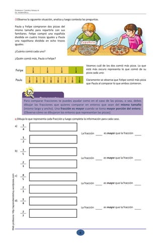 Profesora: Carolina Arriaza M
                                                     Ed. Matemática



                                                     á Observa la siguiente situación, analiza y luego contesta las preguntas.

                                                     Paula y Felipe compraron dos pizzas del
                                                     mismo tamaño para repartirla con sus
                                                     familiares. Felipe compró una española
                                                     dividida en cuatro trozos iguales y Paula
                                                     una napolitana dividida en ocho trozos
                                                     iguales:

                                                     ¿Cuánto comió cada uno?

                                                     ¿Quién comió más, Paula o Felipe?

                                                                                                                   Veamos cuál de los dos comió más pizza. Lo que
                                                                                                                   está más oscuro representa lo que comió de su
                                                                                                                   pizza cada uno:

                                                                                                                   Claramente se observa que Felipe comió más pizza
                                                                                                                   que Paula al comparar lo que ambos comieron.




                                                                                     Para recordar…
                                                               Para comparar fracciones te puedes ayudar como en el caso de las pizzas, o sea, debes
                                                               dibujar las fracciones que quieres comparar en enteros que sean del mismo tamaño
                                                               (mismo largo y ancho). Una fracción es mayor cuando se toma mayor porción del entero.
                                                               (Observa cómo se dibujaron los enteros que representan las pizzas)

                                                     q Dibuja lo que representa cada fracción y luego completa la información para cada caso.

                                                     a)




                                                     b)
Web profesora: http://aprendiendohoy.wordpress.com




                                                     c)




                                                     d)




                                                                                                                                 Esfuérzate para lograr buenos resultados
                                                                                                             6
 