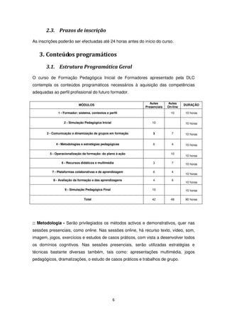 2.3. Prazos de inscrição
As inscrições poderão ser efectuadas até 24 horas antes do início do curso.


   3. Conteúdos programáticos
       3.1. Estrutura Programática Geral
O curso de Formação Pedagógica Inicial de Formadores apresentado pela DLC
contempla os conteúdos programáticos necessários à aquisição das competências
adequadas ao perfil profissional do futuro formador.

                                                                 Aulas      Aulas
                            MÓDULOS                                                   DURAÇÃO
                                                              Presenciais   On-line
              1 - Formador: sistema, contextos e perfil                       10      10 horas


                  2 - Simulação Pedagógica Inicial                10                  10 horas


       3 - Comunicação e dinamização de grupos em formação        3           7       10 horas


             4 - Metodologias e estratégias pedagógicas           6           4       10 horas

         5 - Operacionalização da formação: do plano à ação                   10
                                                                                      10 horas

                6 - Recursos didáticos e multimédia               3           7       10 horas

          7 - Plataformas colaborativas e de aprendizagem         6           4
                                                                                      10 horas

           8 - Avaliação da formação e das aprendizagens          4           6
                                                                                      10 horas

                  9 - Simulação Pedagógica Final                  10                  10 horas

                               Total                              42          48      90 horas




:: Metodologia - Serão privilegiados os métodos activos e demonstrativos, quer nas
sessões presenciais, como online. Nas sessões online, há recurso texto, vídeo, som,
imagem, jogos, exercícios e estudos de casos práticos, com vista a desenvolver todos
os domínios cognitivos. Nas sessões presenciais, serão utilizadas estratégias e
técnicas bastante diversas também, tais como: apresentações multimédia, jogos
pedagógicos, dramatizações, o estudo de casos práticos e trabalhos de grupo.




                                                     6
 