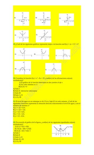 19) ¿Cuál de los siguientes gráficos representa mejor a la función real f(x) = -(x + 1)2 + 1?




20) Considere la función f(x) = x2 – 8x + 15, ¿cuál(es) de las afirmaciones es(son)
verdadera(s)?
            I) El gráfico de la función intercepta en dos puntos al eje x
           II) Su valor mínimo es -1
          III) f(-3) > 0
A) Solo I
B) Solo II intersectar interceptar
C) Solo III
D) Solo I y II
E) I, II y III

21) El nivel de agua en un estanque es de 12 m y baja 0,5 m cada semana. ¿Cuál de las
siguientes funciones representa la situación descrita relacionando el nivel de agua y con el
número de semana x?
A) y = -12 + 0,5x
B) y = - 0,5 + 12x
C) y = 12 + 0,5x
D) y = 12 – 3,5x
E) y = 12 – 0,5x


22) De acuerdo al gráfico de la figura, ¿cuál(es) de las siguientes igualdades es(son)
verdadera(s)?
   I) f(-1) + f(1) = f(0)
  II) 3⋅f(-2) – f(0) = 2⋅f(2)
 III) f(-2) – f(1) = f(2) -1
A) Solo I
B) Solo II
C) Solo I y II
D) Solo II y III
E) I, II y III
 