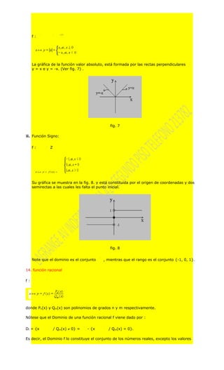 f:




     La gráfica de la función valor absoluto, está formada por las rectas perpendiculares
     y = x e y = -x. (Ver fig. 7) .




                                               fig. 7

ii. Función Signo:


     f:        Z




     Su gráfica se muestra en la fig. 8. y está constituida por el origen de coordenadas y dos
     semirectas a las cuales les falta el punto inicial.




                                               fig. 8


     Note que el dominio es el conjunto     , mientras que el rango es el conjunto {-1, 0, 1}.

14. función racional

f:




donde Pn(x) y Qm(x) son polinomios de grados n y m respectivamente.

Nótese que el Dominio de una función racional f viene dado por :


Df = {x            / Qm(x) ≠ 0} =   - {x       / Qm(x) = 0}.

Es decir, el Dominio f lo constituye el conjunto de los números reales, excepto los valores
 