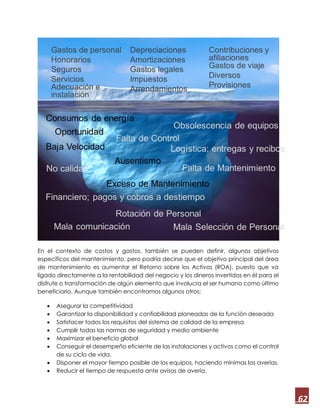 62
En el contexto de costos y gastos, también se pueden definir, algunos objetivos
específicos del mantenimiento, pero podría decirse que el objetivo principal del área
de mantenimiento es aumentar el Retorno sobre los Activos (ROA), puesto que va
ligado directamente a la rentabilidad del negocio y los dineros invertidos en él para el
disfrute o transformación de algún elemento que involucra el ser humano como último
beneficiario. Aunque también encontramos algunos otros;
 Asegurar la competitividad
 Garantizar la disponibilidad y confiabilidad planeadas de la función deseada
 Satisfacer todos los requisitos del sistema de calidad de la empresa
 Cumplir todas las normas de seguridad y medio ambiente
 Maximizar el beneficio global
 Conseguir el desempeño eficiente de las instalaciones y activos como el control
de su ciclo de vida.
 Disponer el mayor tiempo posible de los equipos, haciendo mínimas las averías.
 Reducir el tiempo de respuesta ante avisos de avería.
 