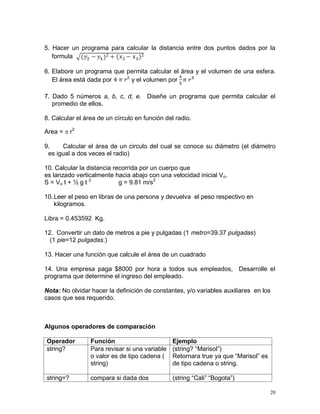 5. Hacer un programa para calcular la distancia entre dos puntos dados por la
   formula

6. Elabore un programa que permita calcular el área y el volumen de una esfera.
   El área está dada por    y el volumen por

7. Dado 5 números a, b, c, d, e. Diseñe un programa que permita calcular el
   promedio de ellos.

8. Calcular el área de un círculo en función del radio.

Area =  r2

9.    Calcular el área de un circulo del cual se conoce su diámetro (el diámetro
 es igual a dos veces el radio)

10. Calcular la distancia recorrida por un cuerpo que
es lanzado verticalmente hacia abajo con una velocidad inicial Vo.
S = Vo t + ½ g t 2          g = 9.81 m/s2

10. Leer el peso en libras de una persona y devuelva el peso respectivo en
    kilogramos.

Libra = 0.453592 Kg.

12. Convertir un dato de metros a pie y pulgadas (1 metro=39.37 pulgadas)
  (1 pie=12 pulgadas.)

13. Hacer una función que calcule el área de un cuadrado

14. Una empresa paga $8000 por hora a todos sus empleados, Desarrolle el
programa que determine el ingreso del empleado.

Nota: No olvidar hacer la definición de constantes, y/o variables auxiliares en los
casos que sea requerido.



Algunos operadores de comparación

Operador         Función                        Ejemplo
string?          Para revisar si una variable   (string? “Marisol”)
                 o valor es de tipo cadena (    Retornara true ya que “Marisol” es
                 string)                        de tipo cadena o string.

string=?         compara si dada dos            (string “Cali” “Bogota”)

                                                                                     20
 