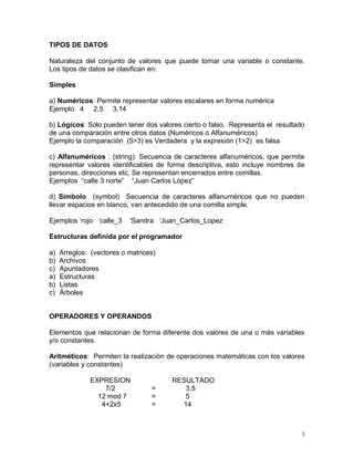 TIPOS DE DATOS

Naturaleza del conjunto de valores que puede tomar una variable o constante.
Los tipos de datos se clasifican en:

Simples

a) Numéricos: Permite representar valores escalares en forma numérica
Ejemplo 4 2,5 3,14

b) Lógicos: Solo pueden tener dos valores cierto o falso. Representa el resultado
de una comparación entre otros datos (Numéricos o Alfanuméricos)
Ejemplo la comparación (5>3) es Verdadera y la expresión (1>2) es falsa

c) Alfanuméricos : (string): Secuencia de caracteres alfanuméricos, que permite
representar valores identificables de forma descriptiva, esto incluye nombres de
personas, direcciones etc, Se representan encerrados entre comillas.
Ejemplos “calle 3 norte” “Juan Carlos López”

d) Simbolo (symbol) Secuencia de caracteres alfanuméricos que no pueden
llevar espacios en blanco, van antecedido de una comilla simple.

Ejemplos ‘rojo ‘calle_3    ‘Sandra ‘Juan_Carlos_Lopez

Estructuras definida por el programador

a)   Arreglos: (vectores o matrices)
b)   Archivos
c)   Apuntadores
a)   Estructuras
b)   Listas
c)   Árboles


OPERADORES Y OPERANDOS

Elementos que relacionan de forma diferente dos valores de una o más variables
y/o constantes.

Aritméticos: Permiten la realización de operaciones matemáticas con los valores
(variables y constantes)

              EXPRESION                RESULTADO
                  7/2             =       3.5
                12 mod 7          =       5
                 4+2x5            =      14



                                                                                3
 