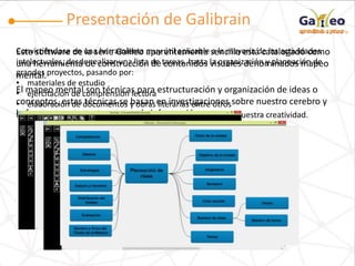Presentación de Galibrain
Este software de la serie Galileo aparentemente sencillo está catalogado como
una herramienta de construcción de contenidos visuales denominados mapeo
mental.
El mapeo mental son técnicas para estructuración y organización de ideas o
conceptos, estas técnicas se basan en investigaciones sobre nuestro cerebro y
la forma en como este procesa la información.
Convirtiéndose en una herramienta muy útil aplicable a la mayoría de las actividades
intelectuales, desde realizar una lista de tareas, hasta la organización y planeación de
grandes proyectos, pasando por:
• materiales de estudio
• ejercitación de comprensión lectora
• elaboración de documentos y obras literarias entre otros
fortaleciendo no solo los conceptos de estudio si no también nuestra creatividad.
 