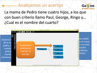 Analicemos un acertijo
La mama de Pedro tiene cuatro hijos, a los que
con buen criterio llamo Paul, George, Ringo y...
¿Cual es el nombre del cuarto?
Damos doble clic
en el concepto
Agregamos un
nodo
haciendo clic
en el botón
del extremo
derecho
Estamos hablando
de la mama de
pedro, ella será
nuestro tema
principal, lo
escribimos y
presionamos enter
Damos doble
clic en el nuevo
nodo y en esta
ocasión
escribimos
“Pedro”
Repetimos el
proceso de
agregar ramas al
diagrama una por
cada hijo
En la ventana
de Propiedades
podemos usar
la opción de
sello para
agregar una
pequeña
imagen
Finalmente
podríamos
resolver el
acertijo
 