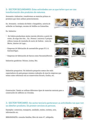 2.- SECTOR SECUNDARIO: Estas actividades son as que teñen que ver coa
transformación dos produtos da natureza.
Artesanía e industrias: transforman as materias primas en
produtos que imos utilizar posteriormente.
Ex. Artesanía.: cerámica de Buño e Sargadelos, xoiería de
acibeche en Santiago, encaixe de bolillos en Camariñas.
Ex. Industria:
• En Galicia producimos moita enerxía eléctrica a partir do
vento, da auga dos ríos... Ex.: Fenosa ( encoros) é parques
eólicos (zonas de montaña do norte de Galicia: costa da
Morte, interior de Lugo...
• Empresas de fabricación de automóviles grupo P. S. A.
Citröen(Vigo).
• Empresas de fabricación de barcos como Navantia(Ferrol).
Industrias gandeiras: Feiraco, Leima, Rio.
Industrias pesqueiras: Na industria pesqueira somos dos máis
exportadores do país,porque estamos rodeados de mar.As empresas que
temos como referencia son as conserveiras Escurís, Gealsa, etc.
Construción: Tamén se utilizan diferentes tipos de materias naturais para a
construción de edificios ou vivendas.
3.- SECTOR TERCIARIO: Ao sector terciario pertenecen as actividades nas que non
se obteñen produtos. Só prestan servizos ás persoas.
Exemplos: comercios, transporte, sanidade, ensino, turismo, ocio,
información etc.
BIBLIOGRAFÍA: consulta familiar, libro de texto 4º, wikipedia.
 