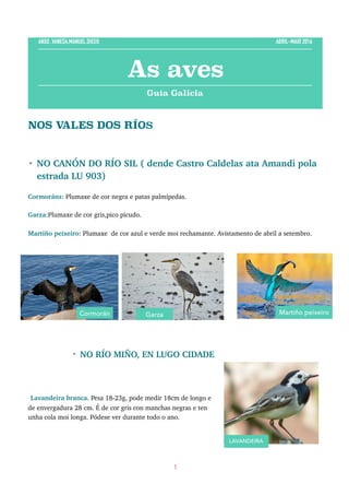 NOS VALES DOS RÍOs
• NO CANÓN DO RÍO SIL ( dende Castro Caldelas ata Amandi pola
estrada LU 903)
Cormoráns: Plumaxe de cor negra e patas palmípedas.
Garza:Plumaxe de cor gris,pico picudo.
Martiño peixeiro: Plumaxe de cor azul e verde moi rechamante. Avistamento de abril a setembro.
• NO RÍO MIÑO, EN LUGO CIDADE
Lavandeira branca. Pesa 18-23g, pode medir 18cm de longo e
de envergadura 28 cm. É de cor gris con manchas negras e ten
unha cola moi longa. Pódese ver durante todo o ano.
1
As aves
Guía Galicia
ANXO ,VANESA,MANUEL,DIEGO ABRIL-MAIO 2016
Cormorán Garza Martiño peixeiro
LAVANDEIRA
 