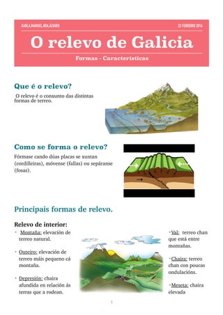 Que é o relevo?
O relevo é o conxunto das distintas
formas de terreo.
Como se forma o relevo?
Fórmase cando dúas placas se xuntan
(cordilleiras), móvense (fallas) ou sepáranse
(fosas).
Principais formas de relevo.
Relevo de interior: 
• Montaña: elevación de
terreo natural.
• Outeiro: elevación de
terreo máis pequeno cá
montaña.
• Depresión: chaira
afundida en relación ás
terras que a rodean.
•Val: terreo chan
que está entre
montañas.
•Chaira: terreo
chan con poucas
ondulacións.
•Meseta: chaira
elevada 
1
O relevo de Galicia
Formas - Características
KARLA,MANUEL,IRIA,ÁLVARO 22 FEBREIRO 2016
 