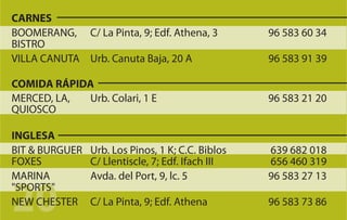 CARNES
BOOMERANG, C/ La Pinta, 9; Edf. Athena, 3          96 583 60 34
BISTRO
VILLA CANUTA Urb. Canuta Baja, 20 A                96 583 91 39

COMIDA RÁPIDA
MERCED, LA, Urb. Colari, 1 E                       96 583 21 20
QUIOSCO

INGLESA
BIT & BURGUER   Urb. Los Pinos, 1 K; C.C. Biblos   639 682 018
FOXES           C/ Llentiscle, 7; Edf. Ifach III   656 460 319
MARINA          Avda. del Port, 9, lc. 5           96 583 27 13

20
"SPORTS"
NEW CHESTER     C/ La Pinta, 9; Edf. Athena        96 583 73 86
 