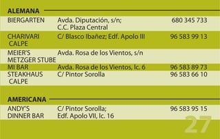 ALEMANA
BIERGARTEN      Avda. Diputación, s/n;             680 345 733
                C.C. Plaza Central
CHARIVARI       C/ Blasco Ibañez; Edf. Apolo III   96 583 99 13
CALPE
MEIER'S       Avda. Rosa de los Vientos, s/n
METZGER STUBE
MI BAR        Avda. Rosa de los Vientos, lc. 6     96 583 89 73
STEAKHAUS     C/ Pintor Sorolla                    96 583 66 10
CALPE

AMERICANA
ANDY'S          C/ Pintor Sorolla;                 96 583 95 15


                                                       27
DINNER BAR      Edf. Apolo VII, lc. 16
 