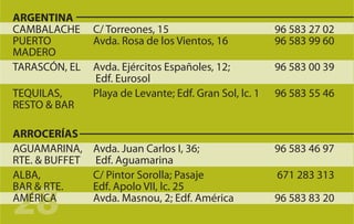 ARGENTINA
CAMBALACHE      C/ Torreones, 15                         96 583 27 02
PUERTO          Avda. Rosa de los Vientos, 16            96 583 99 60
MADERO
TARASCÓN, EL    Avda. Ejércitos Españoles, 12;           96 583 00 39
                Edf. Eurosol
TEQUILAS,       Playa de Levante; Edf. Gran Sol, lc. 1   96 583 55 46
RESTO & BAR

ARROCERÍAS
AGUAMARINA,     Avda. Juan Carlos I, 36;                 96 583 46 97
RTE. & BUFFET   Edf. Aguamarina
ALBA,           C/ Pintor Sorolla; Pasaje                671 283 313


28
BAR & RTE.      Edf. Apolo VII, lc. 25
AMÉRICA         Avda. Masnou, 2; Edf. América            96 583 83 20
 