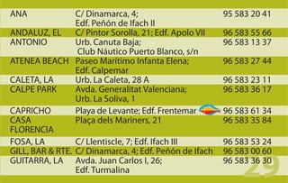 ANA              C/ Dinamarca, 4;                        95 583 20 41
                 Edf. Peñón de Ifach II
ANDALUZ, EL      C/ Pintor Sorolla, 21; Edf. Apolo VII   96 583 55 66
ANTONIO          Urb. Canuta Baja;                       96 583 13 37
                 Club Náutico Puerto Blanco, s/n
ATENEA BEACH Paseo Marítimo Infanta Elena;               96 583 27 44
                 Edf. Calpemar
CALETA, LA       Urb. La Caleta, 28 A                    96 583 23 11
CALPE PARK       Avda. Generalitat Valenciana;           96 583 36 17
                 Urb. La Soliva, 1
CAPRICHO         Playa de Levante; Edf. Frentemar        96 583 61 34
CASA             Plaça dels Mariners, 21                 96 583 35 84
FLORENCIA
FOSA, LA         C/ Llentiscle, 7; Edf. Ifach III        96 583 53 24


                                                             29
GILL, BAR & RTE. C/ Dinamarca, 4; Edf. Peñón de Ifach    96 583 00 60
GUITARRA, LA Avda. Juan Carlos I, 26;                    96 583 36 30
                 Edf. Turmalina
 