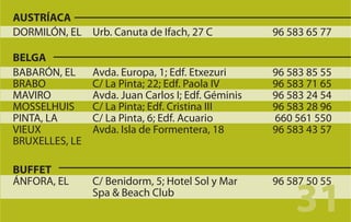 AUSTRÍACA
DORMILÓN, EL Urb. Canuta de Ifach, 27 C             96 583 65 77

BELGA
BABARÓN, EL     Avda. Europa, 1; Edf. Etxezuri      96 583 85 55
BRABO           C/ La Pinta; 22; Edf. Paola IV      96 583 71 65
MAVIRO          Avda. Juan Carlos I; Edf. Géminis   96 583 24 54
MOSSELHUIS      C/ La Pinta; Edf. Cristina III      96 583 28 96
PINTA, LA       C/ La Pinta, 6; Edf. Acuario        660 561 550
VIEUX           Avda. Isla de Formentera, 18        96 583 43 57
BRUXELLES, LE

BUFFET


                                                        31
ÁNFORA, EL      C/ Benidorm, 5; Hotel Sol y Mar     96 587 50 55
                Spa & Beach Club
 