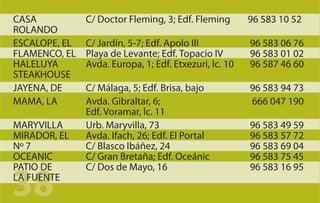 CASA           C/ Doctor Fleming, 3; Edf. Fleming       96 583 10 52
ROLANDO
ESCALOPE, EL   C/ Jardín, 5-7; Edf. Apolo III           96 583 06 76
FLAMENCO, EL   Playa de Levante; Edf. Topacio IV        96 583 01 02
HALELUYA       Avda. Europa, 1; Edf. Etxezuri, lc. 10   96 587 46 60
STEAKHOUSE
JAYENA, DE     C/ Málaga, 5; Edf. Brisa, bajo           96 583 94 73
MAMA, LA       Avda. Gibraltar, 6;                      666 047 190
               Edf. Voramar, lc. 11
MARYVILLA      Urb. Maryvilla, 73                       96 583 49 59
MIRADOR, EL    Avda. Ifach, 26; Edf. El Portal          96 583 57 72
Nº 7           C/ Blasco Ibáñez, 24                     96 583 69 04
OCEANIC        C/ Gran Bretaña; Edf. Oceánic            96 583 75 45


38
PATIO DE       C/ Dos de Mayo, 16                       96 583 16 95
LA FUENTE
 