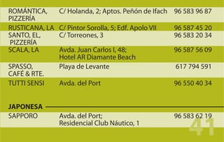 ROMÁNTICA,      C/ Holanda, 2; Aptos. Peñón de Ifach 96 583 96 87
PIZZERÍA
RUSTICANA, LA   C/ Pintor Sorolla, 5; Edf. Apolo VII   96 587 45 20
SANTO, EL,      C/ Torreones, 3                        96 583 20 34
PIZZERÍA
SCALA, LA       Avda. Juan Carlos I, 48;               96 587 56 09
                Hotel AR Diamante Beach
SPASSO,         Playa de Levante                       617 794 591
CAFÉ & RTE.
TUTTI SENSI     Avda. del Port                         96 550 40 34


JAPONESA


                                                           41
SAPPORO         Avda. del Port;                        96 583 62 19
                Residencial Club Náutico, 1
 