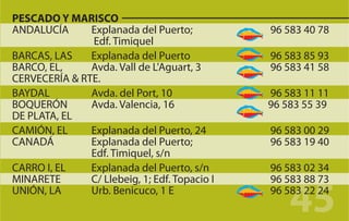 PESCADO Y MARISCO
ANDALUCÍA      Explanada del Puerto;           96 583 40 78
               Edf. Timiquel
BARCAS, LAS    Explanada del Puerto            96 583 85 93
BARCO, EL,     Avda. Vall de L'Aguart, 3       96 583 41 58
CERVECERÍA & RTE.
BAYDAL         Avda. del Port, 10              96 583 11 11
BOQUERÓN       Avda. Valencia, 16              96 583 55 39
DE PLATA, EL
CAMIÓN, EL     Explanada del Puerto, 24        96 583 00 29
CANADÁ         Explanada del Puerto;           96 583 19 40
               Edf. Timiquel, s/n
CARRO I, EL    Explanada del Puerto, s/n       96 583 02 34
MINARETE       C/ Llebeig, 1; Edf. Topacio I   96 583 88 73
UNIÓN, LA      Urb. Benicuco, 1 E
                                                   45
                                               96 583 22 24
 