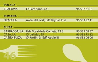 POLACA
CRACOVIA       C/ Pare Sant, 3 A                    96 587 61 81

RUMANA
DRÁCULA        Avda. del Port; Edf. Baydal, lc. 6   96 583 92 11

SUIZA
BARBACOA, LA Urb. Tosal de la Cometa, 13 B          96 583 08 57
CASA, LA     C/ del Mar, 25                         96 583 73 12
CASITA SUIZA C/ Jardín, 9; Edf. Apolo III           96 583 06 06




46
 