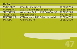 TAPAS
AS DE OROS    C/ de la Llibertat, 19                   96 583 77 55
NOU MEJÍAS    Avda. Masnou, 36; Edf. Boreal, lc. 4     96 583 99 49
PEPERONI'S    Avda. Juan Carlos I; Edf. Gran Sol, 32   96 583 52 89
PLAÇETA, LA   Pza. Santiago, 1                         630 063 494
TABERNA, LA   C/ Dinamarca; Edf. Peñón de Ifach I      96 583 47 59
TASKLEO       C/ Portalet, 10                          96 583 26 20




                                                           47
 