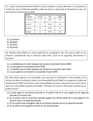a) C-comerce
b) Bodegón
c) Comer-k
d) Economit
a) La cantidad que le sobró después de comprar el pantalón fueron $500
b) Lo que gastó en el pantalón fueron $190
c) La cantidad que le sobró después de comprar la chamarra fueron $95
d) Lo que gastó en la chamarra y el pantalón fueron $570
a) Lo que paga en la primera escuela en el quinto mes es lo que pagara en la segunda
escuela en el sexto mes.
b) En el quinto mes en la primera escuela pagará una tercera parte de lo que pagará en el
decimo mes en la segunda escuela.
c) En el noveno mes se pagará más en la primera escuela que en la segunda escuela.
d) En el décimo mes pagará lo mismo en las dos escuelas.
37.- Cuatro centros comerciales ofrecen el mismo producto a precios diferentes. Si el producto lo
venden por caja con diferente cantidad y cada uno ofrece un descuento al comprarlo por caja. ¿En
qué centro es más barata la unidad?
38.- Roberto ahorro $950 en 2 meses, gastó 2/5 en un pantalón y 5/6 de lo que le sobró en una
chamarra. Considerando que la chamarra costó $475, ¿Cuál de las siguientes afirmaciones es
correcta?
39.- Raúl quiere ingresar a la universidad y por eso busca la información en des escuelas: en la
primera no cobran inscripción y cobran una mensualidad fija de $3,000; en la segunda se cobra una
inscripción de $7,000, las primeras cuatro mensualidades son gratis, y después de ese cuarto mes se
cobra una mensualidad constante de $4,000. ¿Tomando en cuenta la información anterior que se
puede concluir?
 