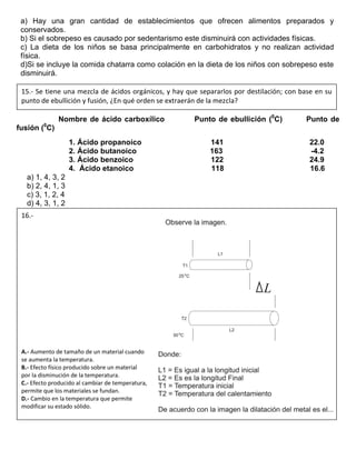 a) Hay una gran cantidad de establecimientos que ofrecen alimentos preparados y
conservados.
b) Si el sobrepeso es causado por sedentarismo este disminuirá con actividades físicas.
c) La dieta de los niños se basa principalmente en carbohidratos y no realizan actividad
física.
d)Si se incluye la comida chatarra como colación en la dieta de los niños con sobrepeso este
disminuirá.
Nombre de ácido carboxílico Punto de ebullición (0
C) Punto de
fusión (0
C)
1. Ácido propanoico 141 22.0
2. Ácido butanoico 163 -4.2
3. Ácido benzoico 122 24.9
4. Ácido etanoico 118 16.6
a) 1, 4, 3, 2
b) 2, 4, 1, 3
c) 3, 1, 2, 4
d) 4, 3, 1, 2
15.- Se tiene una mezcla de ácidos orgánicos, y hay que separarlos por destilación; con base en su
punto de ebullición y fusión, ¿En qué orden se extraerán de la mezcla?
16.-
A.- Aumento de tamaño de un material cuando
se aumenta la temperatura.
B.- Efecto físico producido sobre un material
por la disminución de la temperatura.
C.- Efecto producido al cambiar de temperatura,
permite que los materiales se fundan.
D.- Cambio en la temperatura que permite
modificar su estado sólido.
 