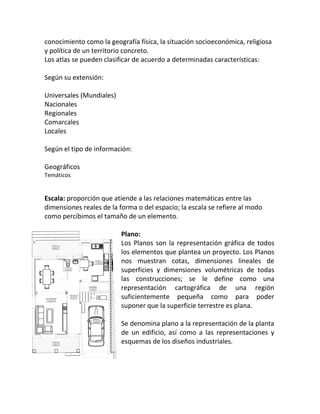 conocimiento como la geografía física, la situación socioeconómica, religiosa
y política de un territorio concreto.
Los atlas se pueden clasificar de acuerdo a determinadas características:

Según su extensión:

Universales (Mundiales)
Nacionales
Regionales
Comarcales
Locales

Según el tipo de información:

Geográficos
Temáticos


Escala: proporción que atiende a las relaciones matemáticas entre las
dimensiones reales de la forma o del espacio; la escala se refiere al modo
como percibimos el tamaño de un elemento.

                          Plano:
                          Los Planos son la representación gráfica de todos
                          los elementos que plantea un proyecto. Los Planos
                          nos muestran cotas, dimensiones lineales de
                          superficies y dimensiones volumétricas de todas
                          las construcciones; se le define como una
                          representación cartográfica de una región
                          suficientemente pequeña como para poder
                          suponer que la superficie terrestre es plana.

                          Se denomina plano a la representación de la planta
                          de un edificio, así como a las representaciones y
                          esquemas de los diseños industriales.
 