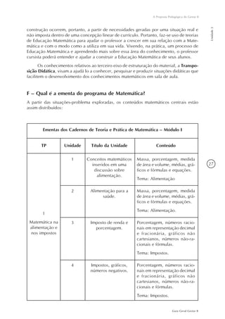 27
Guia Geral Gestar II
A Proposta Pedagógica do Gestar II
Unidade2
construção ocorrem, portanto, a partir de necessidades geradas por uma situação real e
não imposta dentro de uma concepção linear de currículo. Portanto, faz-se uso de teorias
de Educação Matemática para ajudar o professor a crescer em sua relação com a Mate-
mática e com o modo como a utiliza em sua vida. Vivendo, na prática, um processo de
Educação Matemática e aprendendo mais sobre essa área do conhecimento, o professor
cursista poderá entender e ajudar a construir a Educação Matemática de seus alunos.
Os conhecimentos relativos ao terceiro eixo de estruturação do material, a Transpo-
sição Didática, visam a ajudá lo a conhecer, pesquisar e produzir situações didáticas que
facilitem o desenvolvimento dos conhecimentos matemáticos em sala de aula.
F – Qual é a ementa do programa de Matemática?
A partir das situações-problema exploradas, os conteúdos matemáticos centrais estão
assim distribuídos:
Ementas dos Cadernos de Teoria e Prática de Matemática – Módulo I
TP
1
Matemática na
alimentação e
nos impostos
Unidade Título da Unidade Conteúdo
1 Conceitos matemáticos
inseridos em uma
discussão sobre
alimentação.
Massa, porcentagem, medida
de área e volume, médias, grá-
ficos e fórmulas e equações.
Tema: Alimentação
2 Alimentação para a
saúde.
Massa, porcentagem, medida
de área e volume, médias, grá-
ficos e fórmulas e equações.
Tema: Alimentação.
3 Imposto de renda e
porcentagem.
Porcentagem, números racio-
nais em representação decimal
e fracionária, gráficos não
cartesianos, números não-ra-
cionais e fórmulas.
Tema: Impostos.
4 Impostos, gráficos,
números negativos.
Porcentagem, números racio-
nais em representação decimal
e fracionária, gráficos não
cartesianos, números não-ra-
cionais e fórmulas.
Tema: Impostos.
 