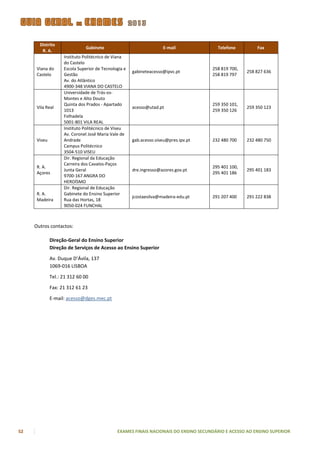 Distrito
                               Gabinete                             E-mail             Telefone         Fax
        R. A.
                    Instituto Politécnico de Viana
                    do Castelo
      Viana do      Escola Superior de Tecnologia e                                  258 819 700,
                                                      gabineteacesso@ipvc.pt                        258 827 636
      Castelo       Gestão                                                           258 819 797
                    Av. do Atlântico
                    4900-348 VIANA DO CASTELO
                    Universidade de Trás-os-
                    Montes e Alto Douto
                    Quinta dos Prados - Apartado                                     259 350 101,
      Vila Real                                       acesso@utad.pt                                259 350 123
                    1013                                                             259 350 126
                    Folhadela
                    5001-801 VILA REAL
                    Instituto Politécnico de Viseu
                    Av. Coronel José Maria Vale de
      Viseu         Andrade                           gab.acesso.viseu@pres.ipv.pt   232 480 700    232 480 750
                    Campus Politécnico
                    3504-510 VISEU
                    Dir. Regional da Educação
                    Carreira dos Cavalos-Paços
      R. A.                                                                          295 401 100,
                    Junta Geral                       dre.ingresso@azores.gov.pt                    295 401 183
      Açores                                                                         295 401 186
                    9700-167 ANGRA DO
                    HEROÍSMO
                    Dir. Regional de Educação
      R. A.         Gabinete do Ensino Superior
                                                      jcostaesilva@madeira-edu.pt    291 207 400    291 222 838
      Madeira       Rua das Hortas, 18
                    9050-024 FUNCHAL



     Outros contactos:

              Direção-Geral do Ensino Superior
              Direção de Serviços de Acesso ao Ensino Superior

              Av. Duque D’Ávila, 137
              1069-016 LISBOA

              Tel.: 21 312 60 00

              Fax: 21 312 61 23

              E-mail: acesso@dges.mec.pt




52                                            EXAMES FINAIS NACIONAIS DO ENSINO SECUNDÁRIO E ACESSO AO ENSINO SUPERIOR
 