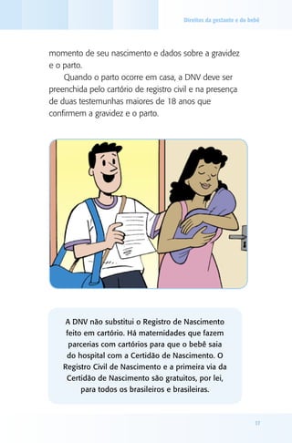 Direitos da gestante e do bebê




momento de seu nascimento e dados sobre a gravidez
e o parto.
    Quando o parto ocorre em casa, a DNV deve ser
preenchida pelo cartório de registro civil e na presença
de duas testemunhas maiores de 18 anos que
confirmem a gravidez e o parto.




     A DNV não substitui o Registro de Nascimento
     feito em cartório. Há maternidades que fazem
      parcerias com cartórios para que o bebê saia
     do hospital com a Certidão de Nascimento. O
    Registro Civil de Nascimento e a primeira via da
     Certidão de Nascimento são gratuitos, por lei,
          para todos os brasileiros e brasileiras.



                                                                   17
 