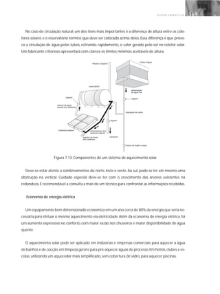 G E S T Ã O E N E R G É T I C A 169169
No caso de circulação natural, um dos itens mais importantes é a diferença de altura entre os cole-
tores solares e o reservatório térmico que deve ser colocado acima deles. Essa diferença é que provo-
ca a circulação de água pelos tubos, retirando, rapidamente, o calor gerado pelo sol no coletor solar.
Um fabricante criterioso apresentará com clareza os limites mínimos aceitáveis de altura.
Figura 7.13: Componentes de um sistema de aquecimento solar
Deve-se estar atento a sombreamentos do norte, leste e oeste. Ao sul, pode-se ter até mesmo uma
obstrução na vertical. Cuidado especial deve-se ter com o crescimento das árvores existentes na
redondeza.É recomendável a consulta a mais de um técnico para confrontar as informações recebidas.
Economia de energia elétrica
Um equipamento bem dimensionado economiza em um ano cerca de 80% da energia que seria ne-
cessária para efetuar o mesmo aquecimento via eletricidade.Além da economia de energia elétrica,há
um aumento expressivo no conforto, com maior vazão nos chuveiros e maior disponibilidade de água
quente.
O aquecimento solar pode ser aplicado em indústrias e empresas comerciais para aquecer a água
de banhos e de cocção,em limpeza geral e para pré-aquecer águas de processo.Em hotéis,clubes e es-
colas, utilizando um aquecedor mais simplificado, sem cobertura de vidro, para aquecer piscinas.
 