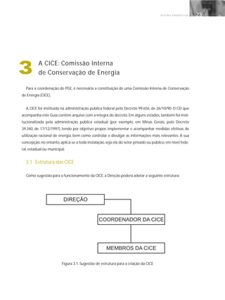G E S T Ã O E N E R G É T I C A 23
Para a coordenação do PGE, é necessária a constituição de uma Comissão Interna de Conservação
de Energia (CICE).
A CICE foi instituída na administração pública federal pelo Decreto 99.656, de 26/10/90. O CD que
acompanha este Guia contém arquivo com a íntegra do decreto. Em alguns estados, também foi insti-
tucionalizada pela administração pública estadual (por exemplo, em Minas Gerais, pelo Decreto
39.340, de 17/12/1997), tendo por objetivo propor, implementar e acompanhar medidas efetivas de
utilização racional de energia, bem como controlar e divulgar as informações mais relevantes. A sua
concepção, no entanto, aplica-se a toda instalação, seja ela do setor privado ou público, em nível fede-
ral, estadual ou municipal.
3.1 Estrutura das CICE
Como sugestão para o funcionamento da CICE, a Direção poderá adotar a seguinte estrutura:
Figura 3.1: Sugestão de estrutura para a criação da CICE
3 A CICE: Comissão Interna
de Conservação de Energia
 