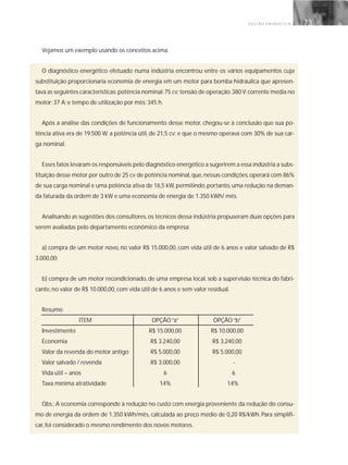 G E S T Ã O E N E R G É T I C A 73
Vejamos um exemplo usando os conceitos acima.
O diagnóstico energético efetuado numa indústria encontrou entre os vários equipamentos cuja
substituição proporcionaria economia de energia em um motor para bomba hidráulica que apresen-
tava as seguintes características:potência nominal:75 cv;tensão de operação:380 V;corrente média no
motor: 37 A; e tempo de utilização por mês: 345 h.
Após a análise das condições de funcionamento desse motor, chegou-se à conclusão que sua po-
tência ativa era de 19.500 W; a potência útil, de 21,5 cv; e que o mesmo operava com 30% de sua car-
ga nominal.
Esses fatos levaram os responsáveis pelo diagnóstico energético a sugerirem a essa indústria a subs-
tituição desse motor por outro de 25 cv de potência nominal,que,nessas condições,operará com 86%
de sua carga nominal e uma potência ativa de 16,5 kW, permitindo, portanto, uma redução na deman-
da faturada da ordem de 3 kW e uma economia de energia de 1.350 kWh/ mês.
Analisando as sugestões dos consultores,os técnicos dessa indústria propuseram duas opções para
serem avaliadas pelo departamento econômico da empresa:
a) compra de um motor novo, no valor R$ 15.000,00, com vida útil de 6 anos e valor salvado de R$
3.000,00;
b) compra de um motor recondicionado, de uma empresa local, sob a supervisão técnica do fabri-
cante, no valor de R$ 10.000,00, com vida útil de 6 anos e sem valor residual.
Resumo
ITEM OPÇÃO“a” OPÇÃO“b”
Investimento R$ 15.000,00 R$ 10.000,00
Economia R$ 3.240,00 R$ 3.240,00
Valor da revenda do motor antigo R$ 5.000,00 R$ 5.000,00
Valor salvado / revenda R$ 3.000,00 -
Vida útil – anos 6 6
Taxa mínima atratividade 14% 14%
Obs.: A economia corresponde à redução no custo com energia proveniente da redução do consu-
mo de energia da ordem de 1.350 kWh/mês, calculada ao preço médio de 0,20 R$/kWh. Para simplifi-
car, foi considerado o mesmo rendimento dos novos motores.
 