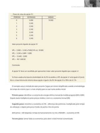 G E S T Ã O E N E R G É T I C A 75
- Fluxo de caixa da opção“b”-
PERÍODO ENTRADAS SAÍDAS
0 5.000 10.000
1 3.240
2 3.240
3 3.240
4 3.240
5 3.240
6 3.240
Valor presente líquido da opção“b”
VPL = 5.000 + 3.240 x FVAS(14%, 6) -10.000
VPL = 3.240 x 3,889 - 5.000
VPL = 12.600 - 5.000
VPL = R$ 7.600,00
Conclusão:
A opção“b”deve ser escolhida, por apresentar maior valor presente líquido que a opção“a”.
Se fosse usada uma taxa de atratividade de 26,4% na análise,o VPL da opção“a”seria igual a 0 (zero).
Isto é, a taxa interna de retorno dessa opção é igual a 26,4%. Na opção“b”, a TIR é de 61,1%.
O exemplo usou o método do valor presente.Segue um roteiro simplificado,usando a metodologia
do tempo de retorno, que é a mais simples para se usar numa análise inicial.
Primeiro passo: identificar a economia de energia elétrica mensal da medida proposta (kW e kWh).
Depois, basta multiplicá-la pelos preços médios, e tem-se a economia mensal (R$).
Segundo passo: encontrar a economia em R$ – diferença das potências, multiplicada pelo tempo
de utilização e, depois pelo preço médio, de ponta e fora de ponta.
[kW (antes) – kW (depois)] x tempo de funcionamento no mês x R$/kWh = economia em R$
Terceiro passo: somar todas as economias, para obter o total mensal economizado.
 