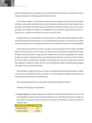 G E S T Ã O E N E R G É T I C A84
derão ser identificadas ou mensuradas com o relatório de memória de massa e confrontada com as de-
mandas levantadas na metodologia do rateio (item anterior).
A alternativa é adquirir um controlador de demanda. Esses equipamentos, além de outras funções,
controlam as demandas solicitadas no sistema de medição da concessionária, visando impedir a ultra-
passagem da demanda contratada. Cargas predefinidas são retiradas, evitando-se que ocorra a ultra-
passagem.Esses equipamentos podem ser adquiridos com um sistema de supervisão que permita ve-
rificar, on-line, a entrada em operação de diversos centros de custos.
Na análise, devem ser considerados os faturamentos com a tarifa convencional, se aplicável, e horo-
sazonal. O período de observação deve ser, em princípio, igual ou superior a 12 meses. Deve-se adotar
este período pelo fato de ser mais representativo e de evitar distorções decorrentes de sazonalidades.
Uma primeira ação consiste em levantar as cargas com funcionamento no HP e verificar a possibili-
dade de transferência para o HFP, visando tirar maior proveito da tarifa horo-sazonal. Recomenda-se
desligar no horário de ponta as cargas que não comprometam o serviço ou a produção. Por exemplo:
desligar as cargas de refrigeração (talvez a elevação da temperatura que ocorrerá nas 3 horas do perío-
do de ponta não irá comprometer a qualidade dos produtos que estão sendo refrigerados), a parcela
das cargas (por exemplo, no tanque da ETE) e um dos agitadores/areadores (quando planejar alguma
interrupção, fazê-la no horário de ponta).
Para exemplificar, segue um exercício de análise e simulação de faturamento. No arquivo “modula-
cao”, no CD que acompanha este Guia, encontram-se as tabelas usadas no exemplo. Será utilizado um
exemplo da MT, por apresentar mais alternativas.
Para o cálculo do faturamento, serão usadas as tarifas apresentadas na tabela 5.1
Exemplos de simulações de faturamento
■ Situação original: Na situação original, uma unidade consumidora (horário de ponta das 17 às 19h)
está enquadrada na tarifa convencional (demanda menor que 300 kW).Pelas faturas de energia elé-
trica, podem-se levantar os valores médios mensais típicos de demanda e o consumo, conforme as
tabelas a seguir.
COMPONENTES VALORES
Demanda (kW) 270
Consumo (kWh) 90.685
 