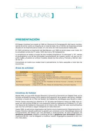 [ Parte 2




[ URSULINAS ]



PRESENTACIÓN
El Colegio Ursulinas fue creado en 1882 en Vitoria por la Congregación del mismo nombre,
siendo el primer centro en España de un total de siete. Es un Centro de titularidad privada
situado en el ensanche de la ciudad, en una zona de nivel sociocultural medio–alto.
En 1933 comienza la impartición del Bachillerato y en 1982 el centro pasa a ser mixto. En
la actualidad consta de 47 aulas, 1250 alumnos y 90 trabajadores.
La enseñanza se realiza a través de dos modelos lingüísticos “A reforzado” y “B”, siendo
el plurilingüismo una de las principales características de nuestro centro, ya que se im-
parte Inglés y Euskera en ambos modelos desde los tres años y Francés y Alemán des-
de los 12.
Concertado en todos sus niveles total o parcialmente, lo hace asequible a todo tipo de
economías.

Áreas de actividad

         Actividades                                       Modalidades
Educación Infantil         Etapa de 3 a 6 años. Modelos A y B
Educación Primaria         Etapa de 6 a 11 años. Modelos A y B
                           Aula de necesidades educativas especiales y refuerzo educativo
E.S.O.                     Etapa de 12 a 16 años. Modelos A y B. Aula de necesidades educativas especiales
                           y refuerzo educativo
Bachillerato               Etapa de 16 a 18 años. Modalidad de Ciencias Humanas y Sociales y de Ciencias
                           de la Naturaleza.
Ciclo Formativo Superior   Etapa de 18 a 20 años. Módulo de Actividad Física y Animación Deportiva.




Iniciativas de Calidad
Desde 1995, en que el ED (Equipo Directivo) comenzó su formación en Calidad Total, se ha
tomado el Modelo Europeo como sistema de Evaluación de la gestión del Centro, estable-
ciéndose a través de un Plan de Gestión de Calidad las estrategias para llevarlo a cabo.
Primer Centro educativo en obtener la “Q” de plata del Gobierno Vasco en 1999, tras su-
perar los 400 puntos EFQM en una evaluación externa realizada por EUSKALIT y 2º pre-
mio Nacional de Calidad en Educación en el mismo año. Estos han sido reconocimientos
que nos han animado a seguir trabajando en esta dirección.
Hasta 1996, la estructura organizativa del Centro era la tradicional por Departamentos. El
Equipo Directivo decidió potenciar la gestión por procesos como metodología básica de
funcionamiento del Centro que nos permitiría ir evolucionando. El paso progresivo de
gestionar procesos (Objetivo cuatrienal 95-99) a gestionar por procesos (Objetivo
cuatrienal 99-03), nos ha obligado a modificar nuestro Organigrama pasando a otro mu-
cho más plano.




                                                [135 ]                                      URSULINAS
 