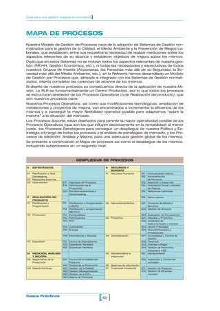 Guía para una gestión basada en procesos          ]



MAPA DE PROCESOS
Nuestro Modelo de Gestión de Procesos nace de la adopción de Sistemas de Gestión nor-
malizados para la gestión de la Calidad, el Medio Ambiente y la Prevención de Riegos La-
borales, que establecen, entre sus requisitos la necesidad de realizar mediciones sobre los
aspectos relevantes de su alcance y establecer objetivos de mejora sobre los mismos.
Dado que en estos Sistemas no se incluían todos los aspectos relevantes de nuestra ges-
tión (RR.HH, Gestión Económica, etc.), ni todas las necesidades y expectativas de todos
nuestros Grupos de Interés (Accionistas, las Personas más allá de su Seguridad, la So-
ciedad más allá del Medio Ambiente, etc.), en la Refinería hemos desarrollado un Modelo
de Gestión por Procesos que, alineado e integrado con los Sistemas de Gestión normali-
zados, intenta completar las carencias de alcance de los mismos.
El diseño de nuestros procesos es consecuencia directa de la aplicación de nuestra Mi-
sión. La RLR es fundamentalmente un Centro Productivo, por lo que todos los procesos
se estructuran alrededor de los Procesos Operativos (o de Realización del producto), que
son nuestros procesos clave.
Nuestros Procesos Operativos, así como sus modificaciones tecnológicas, ampliación de
instalaciones y proyectos de mejora, van encaminados a incrementar la eficiencia de los
mismos y a conseguir la mayor flexibilidad operativa posible para adaptarnos “sobre la
marcha” a la situación del mercado.
Los Procesos Soporte, están diseñados para permitir la mayor operatividad posible de los
Procesos Operativos (que son los que influyen decisivamente en la rentabilidad) al menor
coste, los Procesos Estratégicos para conseguir un despliegue de nuestra Política y Es-
trategia a lo largo de todos los procesos y el análisis de estrategias de mercado, y los Pro-
cesos de Medición, Análisis y Mejora, para una adecuada gestión global de los mismos.
Se presenta a continuación el Mapa de procesos así como el despliegue de los mismos,
incluyendo subprocesos en un segundo nivel.



                                      DESPLIEGUE DE PROCESOS

E    ESTRATÉGICOS                                             S     RECURSOS Y
                                                                    SOPORTE
E1 Planificación y Gest.                                      S1    Recursos Humanos       S11   Comunicación Interna
   Estratégicas                                                                            S12   Administración
E2 Relaciones Externas                                                                           de Personal
E3 Optimización            E31 Ingeniería de Procesos                                      S13   Selección y Desarrollo
                           E32 Optimización de la                                          S14   Orientación Social y Gestión
                               Producción                                                        de Pasivos
                           E33 Estudios económicos y                                       S15   Relaciones Laborales
                               benchmarking
P    REALIZACIÓN DEL                                                                       S16   Salud Laboral
     PRODUCTO
P1   Planificación y       P11 Planificación y Programación   S2    Aprovisionamientos     S21 Compras de Bienes y
     Programación              LUB/PQ                                                          Servicios
                           P12 Planificación y programación                                S22 Gestión de Almacén
                               REF/FCC
P2 Producción              P21 Combustibles                                                S23 Evaluación de Proveedores
                           P22 Petrolquímica                  S3    Proyectos              S31 Estudios y Proyectos
                           P23 FCC                                                         S32 proyectos de
                                                                                               Instrumentación y Control
                           P24 Lubricantes                                                 S33 Obras y Montajes
                           P25 Energía                                                     S34 Nuevos Proyectos y
                                                                                               Ampliaciones
                           P26 Movimientos y Mezclas          S4    Administración         S41 Contabilidad y Control de
                                                                                               Gestión
P3 Expedición              P31 Centro de Expediciones                                      S42 Tesorería
                           P32 Expedición Terrestre                                        S43 Cuentas a Pagar
                           P33 Expedición Marítima                                         S44 Gestión de Productos,
                                                                                               Aduanas e II.EE.
M  MEDICIÓN, ANÁLISIS                                         S5    Mantenimiento e        S51 Mantenimiento
   Y MEJORA                                                         Inspección
M1 Seguimiento de la       M11 Control de la Calidad del                                   S52 Inspección y Control de
   Producción                  Producto                                                        corrosión
                           M12 Control de la Producción       S6    Sistemas de Información
M2 Mejora Continua         M21 Gestión de la Calidad          S7    Protección Ambiental    S71 Gestión de Residuos
                           M22 Gestión Medioambiental                                       S72 Gestión de Efluentes
                           M23 Gestión de la P.R.L.                                             Liquidos
                           M24 Mejora de Procesos




Casos Prácticos
                                                           [ 62 ]
 