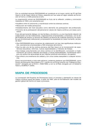 [ Parte 2


Con su actividad docente DIOCESANAS se constituye en el mayor centro de FP del País
Vasco y el de mayor oferta en Ciclos, pasando por sus aulas en algún estadio de forma-
ción en torno a 4.500 personas al año.
La organización actual de DIOCESANAS es fruto de la reflexión, análisis y concreción
realizada en 1994 y se caracteriza por:
• Equilibrio entre la autonomía y coordinación entre los diversos centros.
• Reducción de niveles jerárquicos.
• Establecimiento del nivel educativo como elemento de participación del profesorado.
• Fomento de la participación del personal en claves de mejora continua y en base a pro-
  cesos.
Fruto del permanente diálogo con las familias y el entorno y a una importante relación de
colaboración con las instituciones, organizaciones empresariales y empresas, con la do-
ble finalidad de ofrecer un servicio de calidad y al alcance de cualquier persona y en aque-
llo que el entramado institucional y empresarial ha necesitado en cada momento, se pue-
de decir:
• Que DIOCESANAS tiene convenios de colaboración con las más significativas institucio-
  nes, asociaciones empresariales y 500 empresas del entorno.
• Que ha sido uno de los centros pioneros del País Vasco en la incorporación de expe-
  riencias educativas, reformas, nuevas especialidades y métodos de trabajo.
• Que trabaja conjuntamente con otros centros en la identificación, concreción e imple-
  mentación de nuevos métodos de trabajo y nuevas especialidades, manteniendo siem-
  pre una actitud de aprendizaje de las mejores prácticas educativas y de gestión.
• Que ofrece una enseñanza de calidad y con unos costes asequibles a cualquier econo-
  mía.
Como reconocimiento a todo este esfuerzo, podemos destacar que DIOCESANAS, como
Centro de Educación Secundaria y F.P., cuenta con el Primer premio a la “Calidad en Edu-
cación” otorgado por el M.E.C. (1998-1999) y con la Q-Plata otorgado por el Gobierno
Vasco y EUSKALIT (2000).




MAPA DE PROCESOS
La concepción del Proyecto de Diocesanas como un proceso y planteado en claves de
mejora continua sentó las bases, a partir de 1995, para la formalización del modelo de
gestión global del Centro en base a procesos.




                     DISEÑO DEL                          EJECUCIÓN DEL
                     PROYECTO                              PROYECTO



                                      P             D
                                       PROYECTO DE
                                        DIOCESANAS

                                      A             C

                      AJUSTE Y                            REVISIÓN DEL
                    MEJORAS DEL                            PROYECTO
                     PROYECTO




                                          [ 75 ]                             DIOCESANAS
 